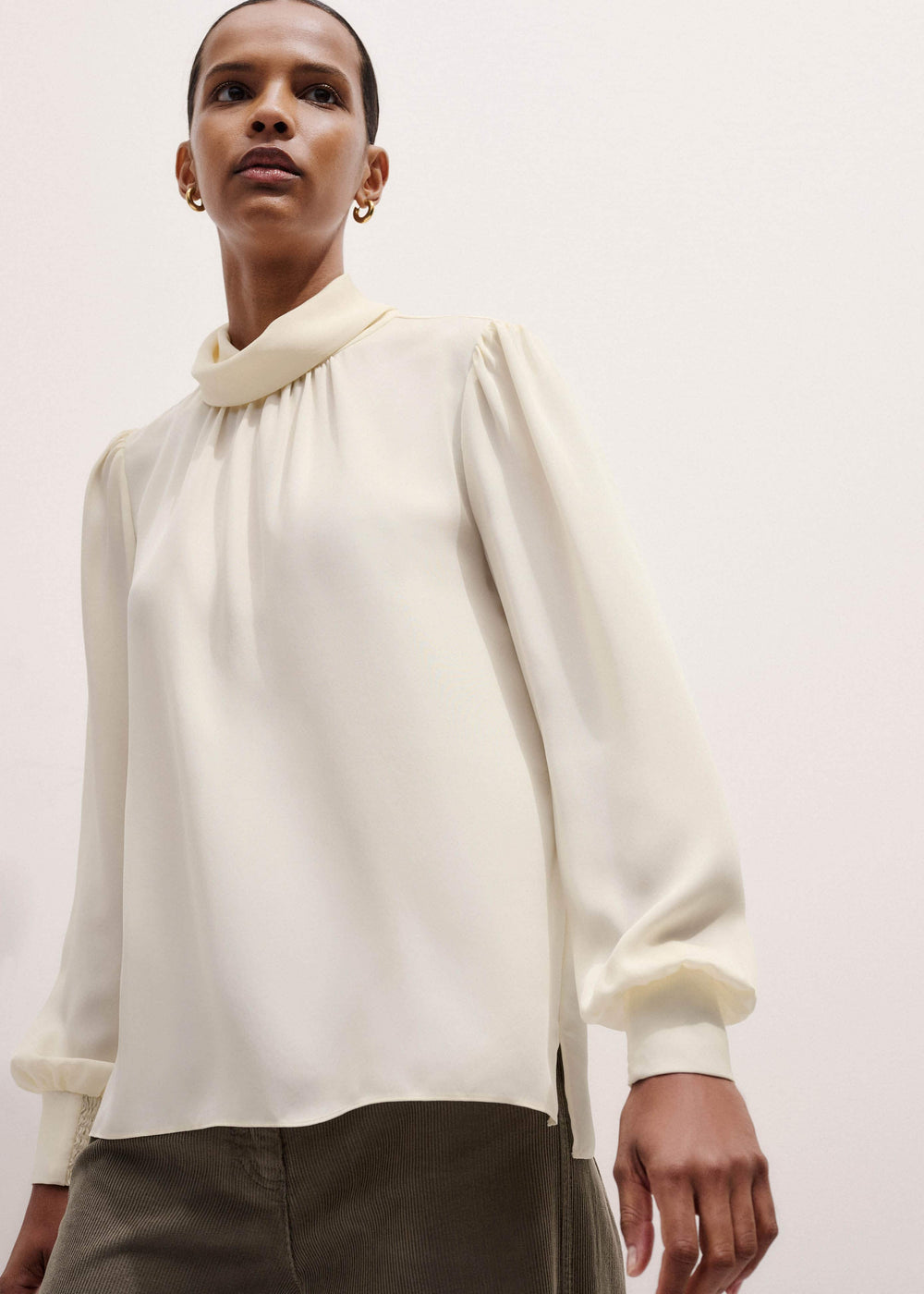Cream Silk High Neck Slim Cut Blouse meandem
