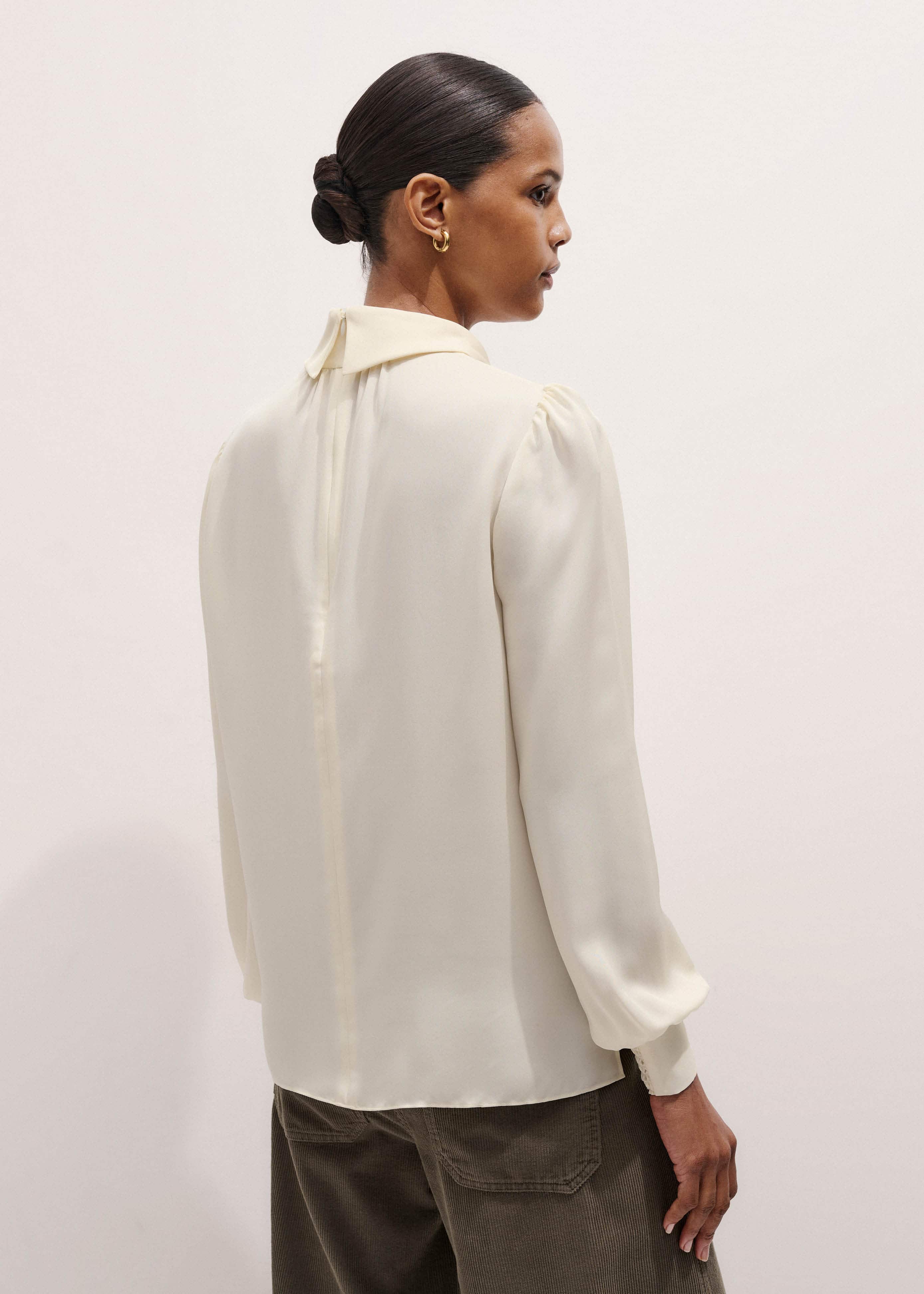 Cream Silk High Neck Slim Cut Blouse meandem