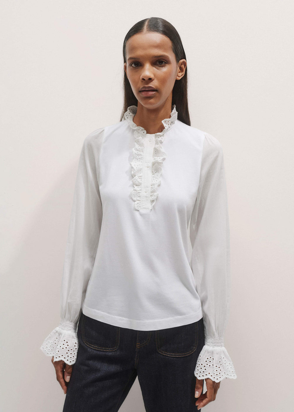 White Cotton Voile Broderie Layering Blouse meandem