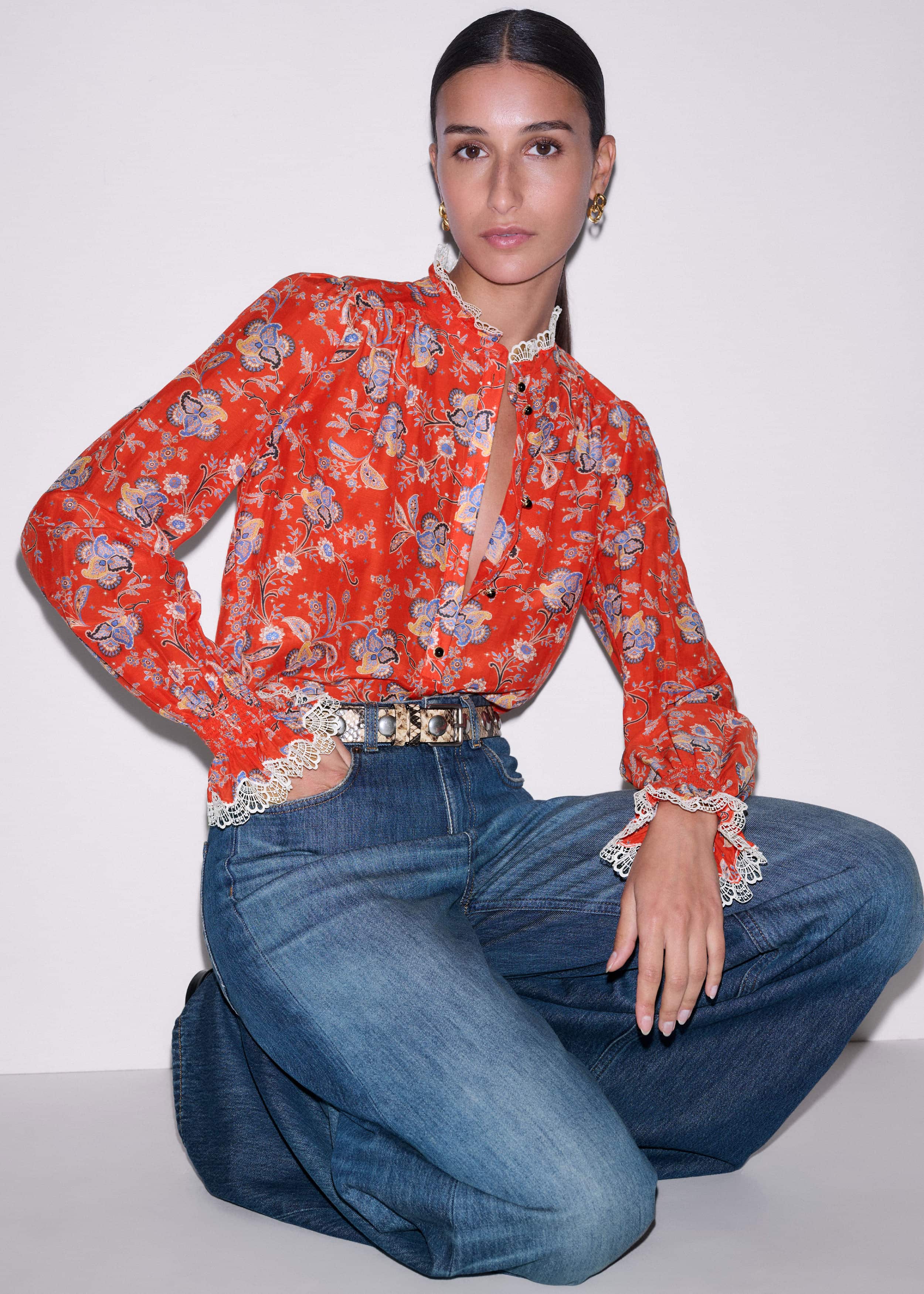 Orange Ornate Floral Paisley Print Blouse meandem