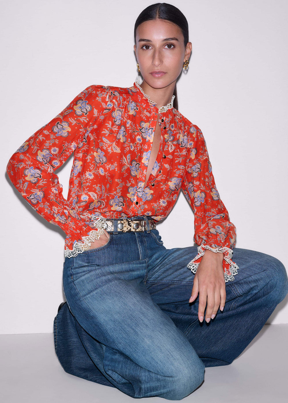 Orange Ornate Floral Paisley Print Blouse meandem