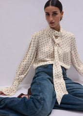 Cream Silk Spaced Paisley Print Statement Sleeve Blouse + Tie meandem