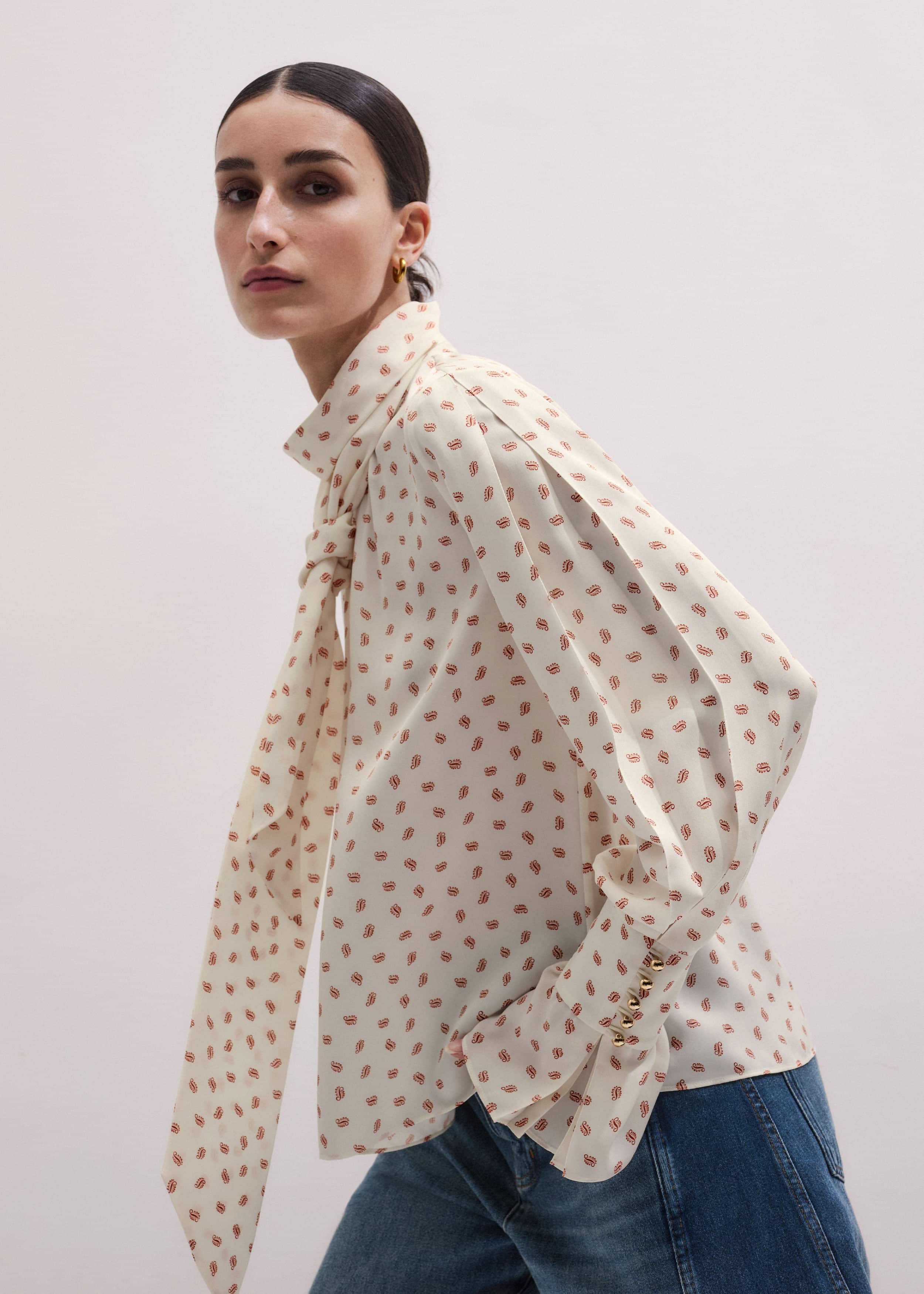 Cream Silk Spaced Paisley Print Statement Sleeve Blouse + Tie meandem