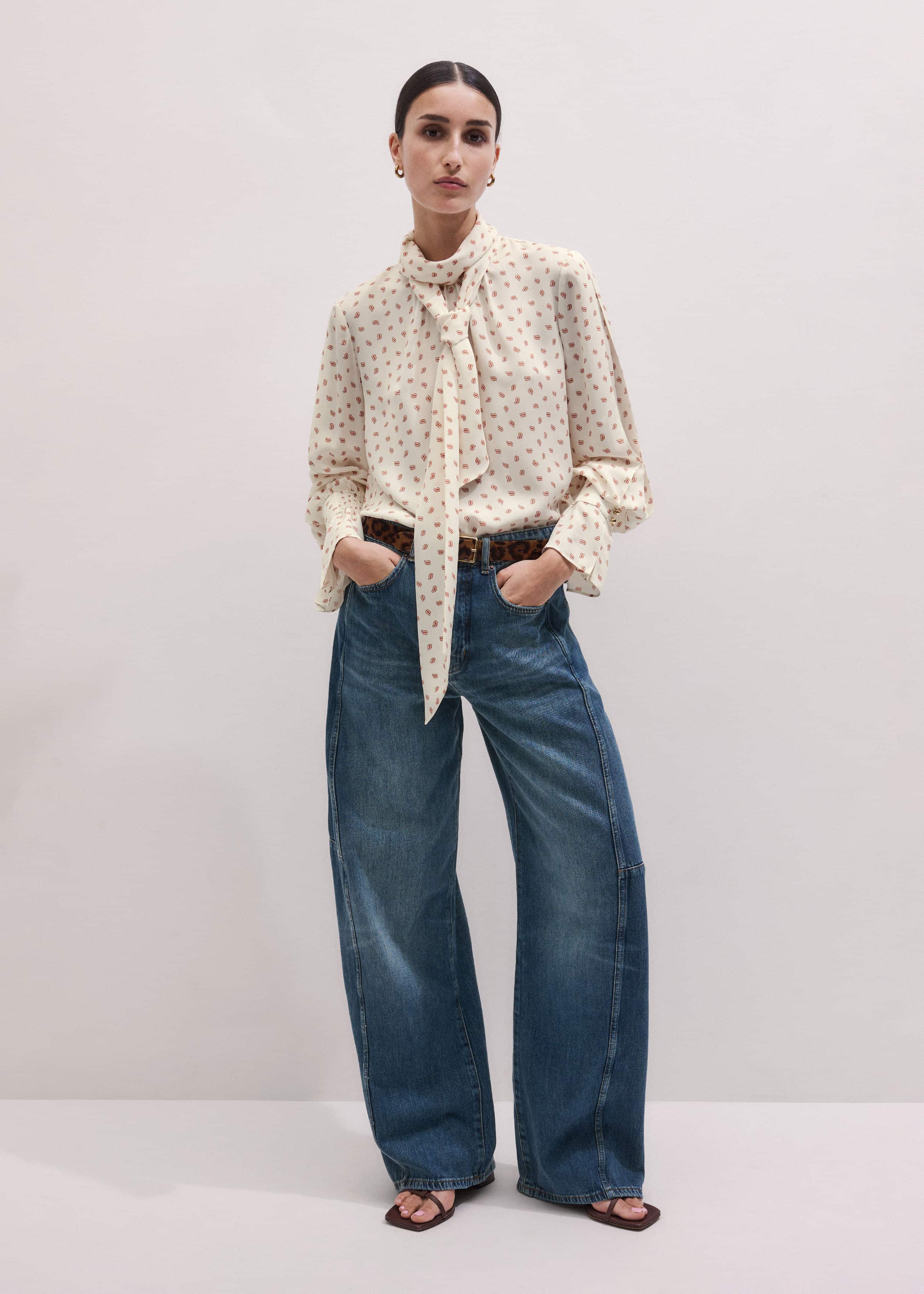 Cream Silk Spaced Paisley Print Statement Sleeve Blouse + Tie meandem