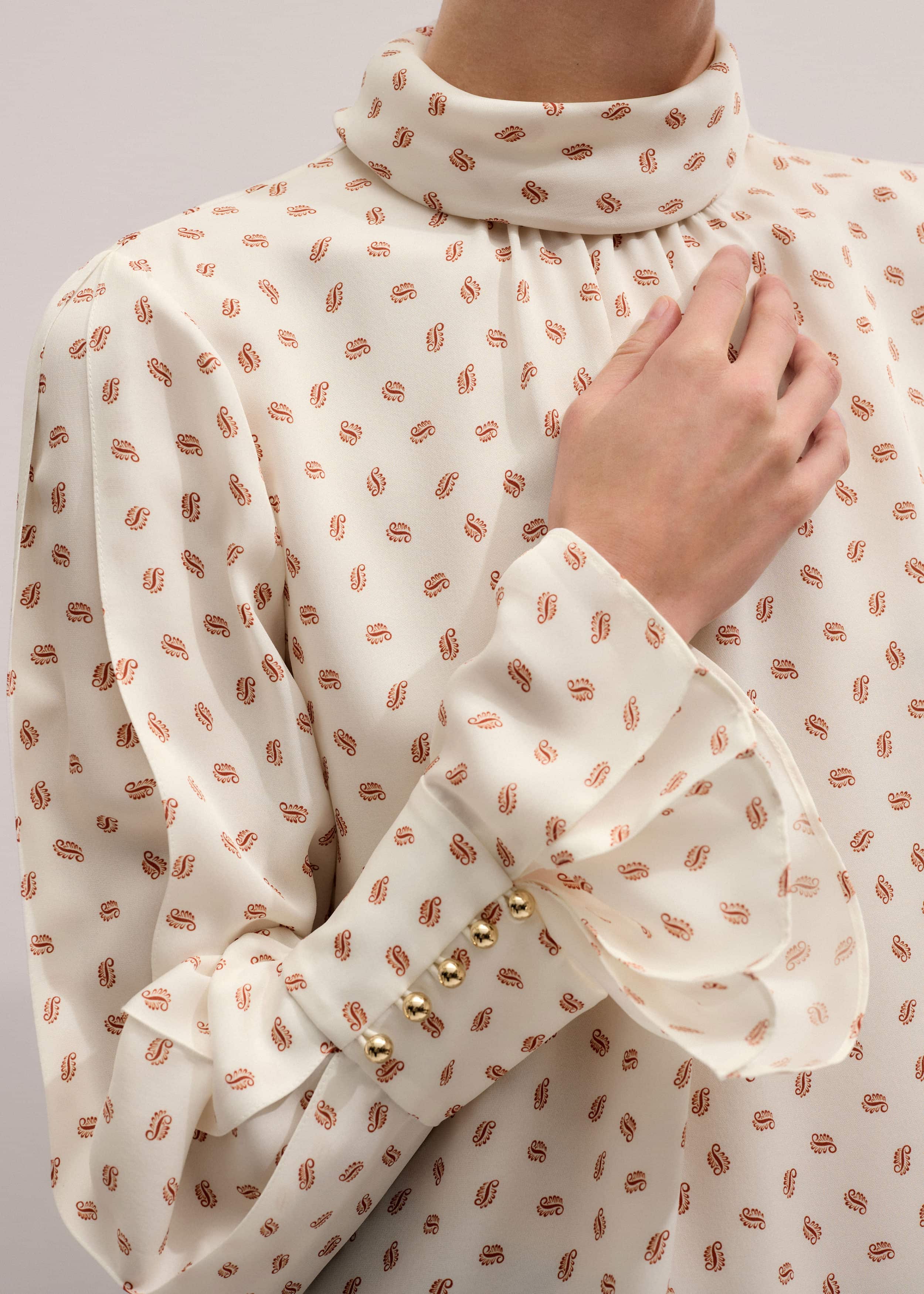 Cream Silk Spaced Paisley Print Statement Sleeve Blouse + Tie meandem
