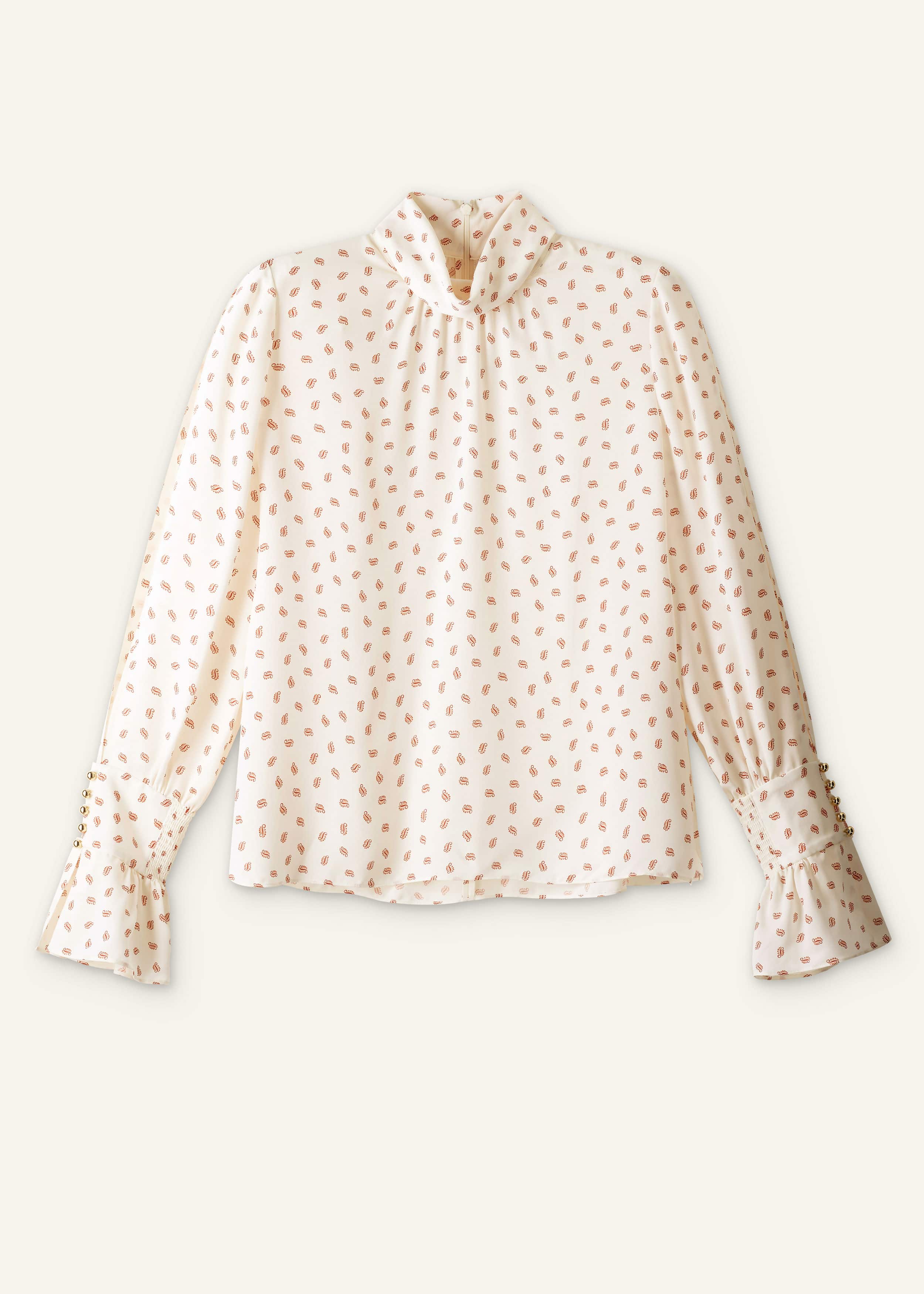 Cream Silk Spaced Paisley Print Statement Sleeve Blouse + Tie meandem