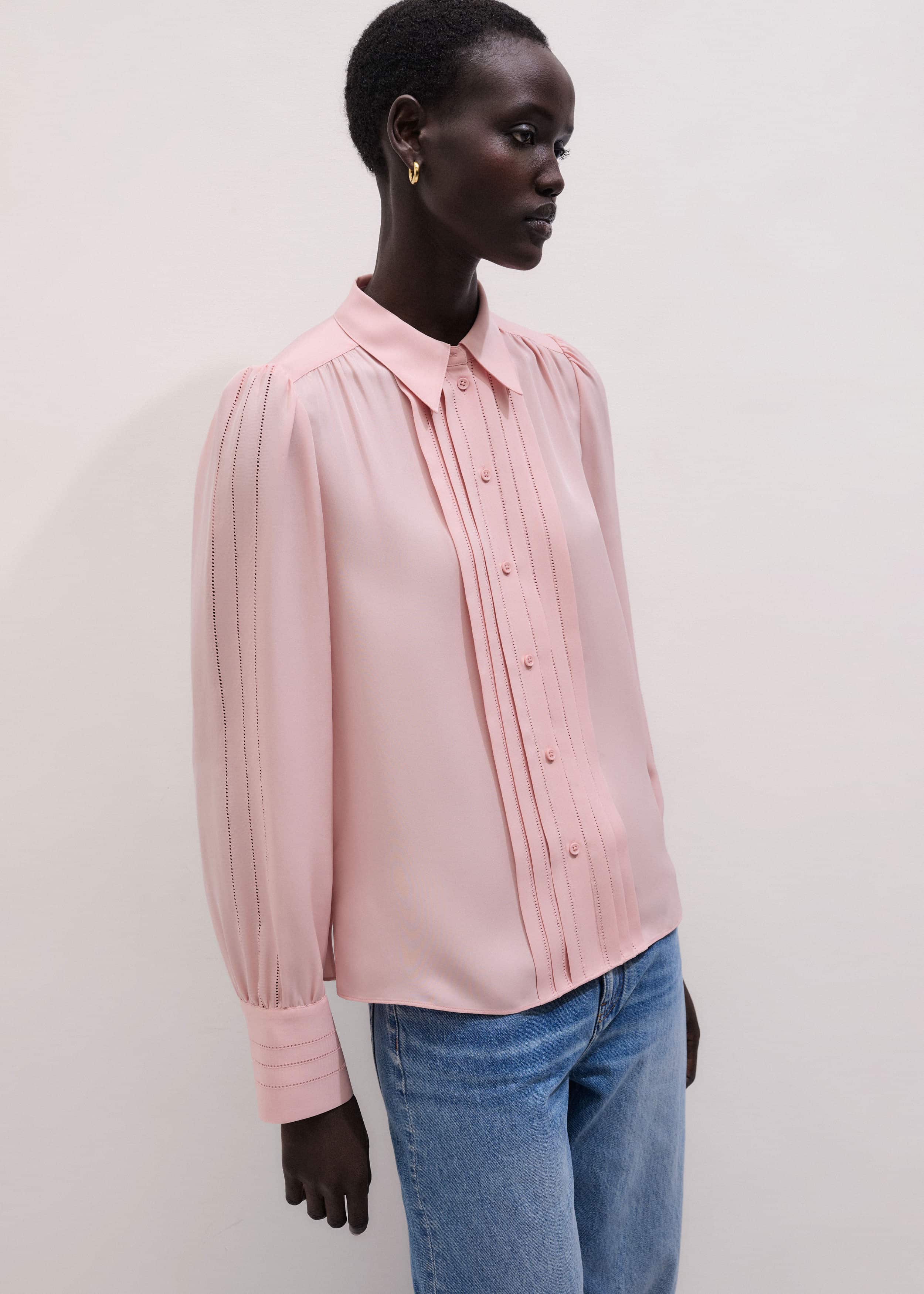 Pink Silk Feminine Embroidered Fluid Straight Blouse meandem