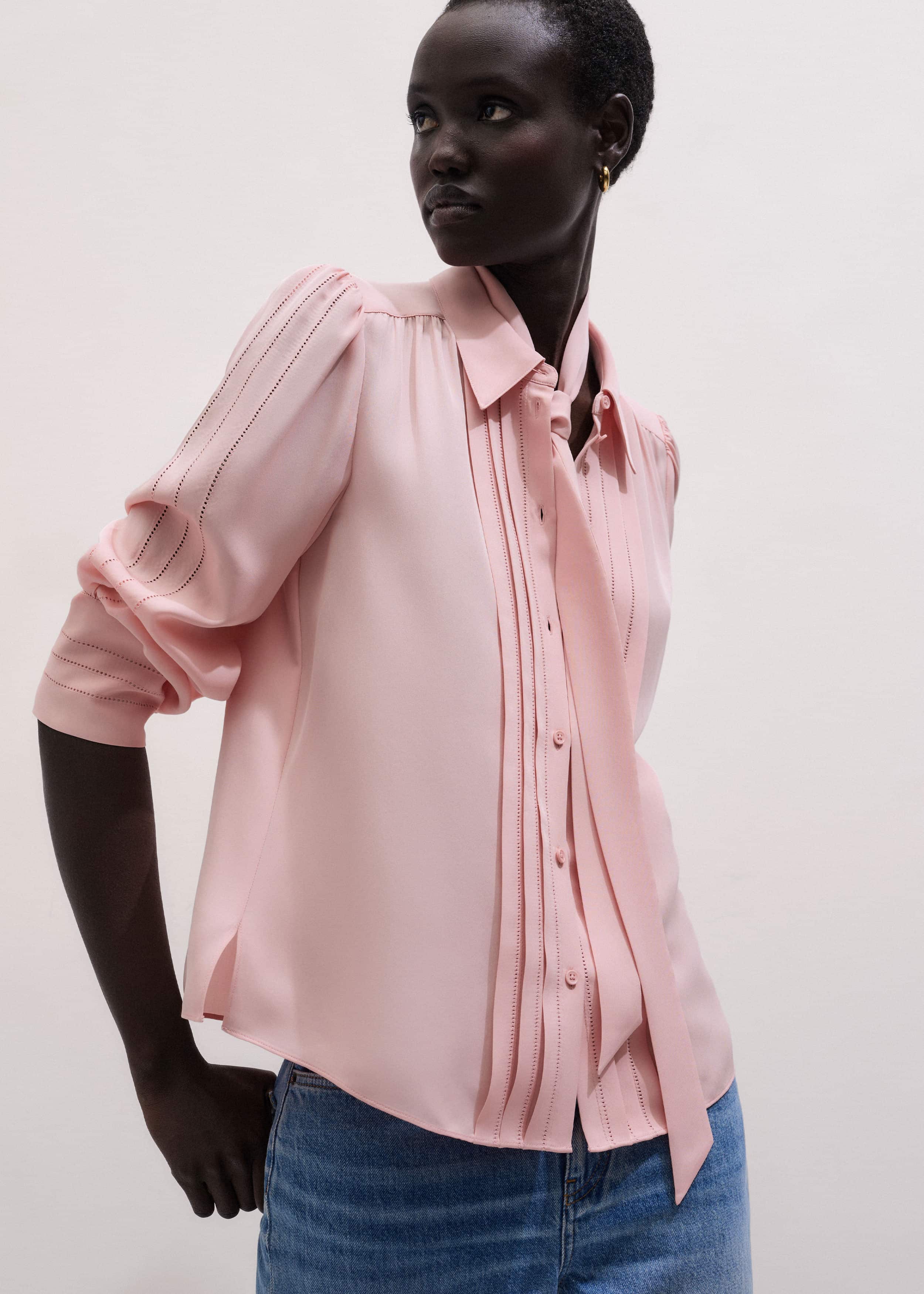 Pink Silk Feminine Embroidered Fluid Straight Blouse meandem