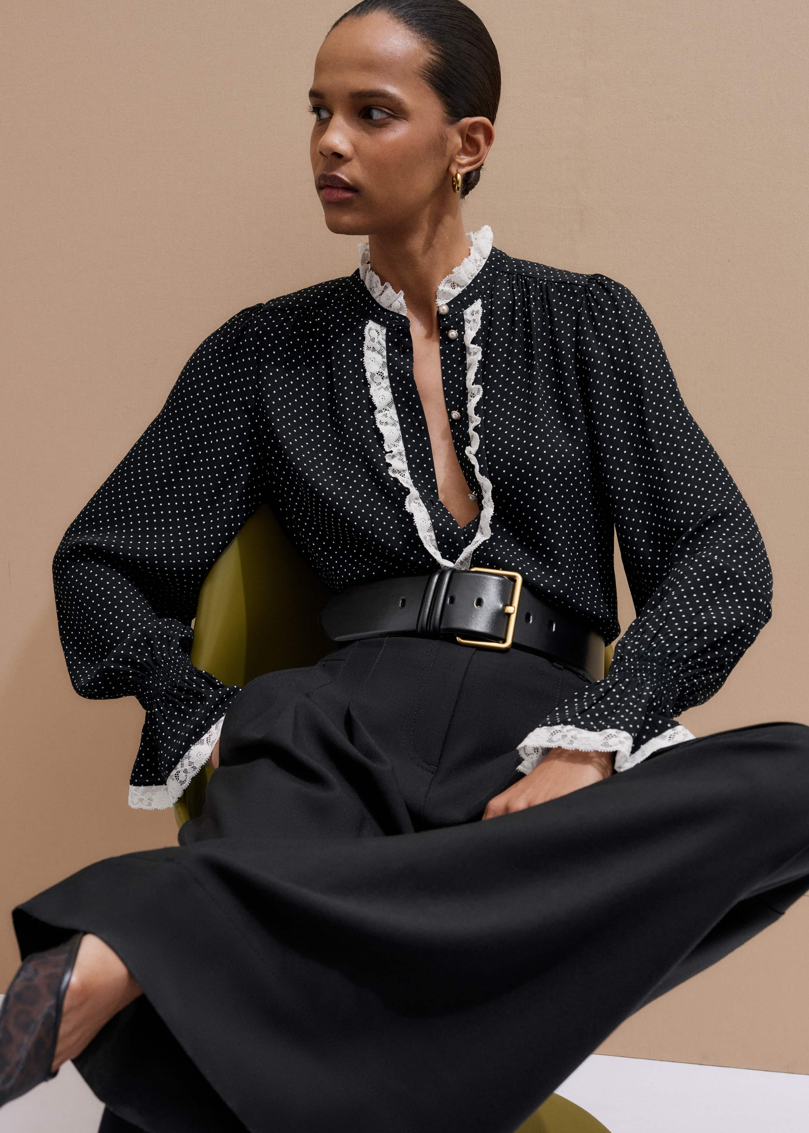 Black Micro Polka Dot And Lace Blouse meandem