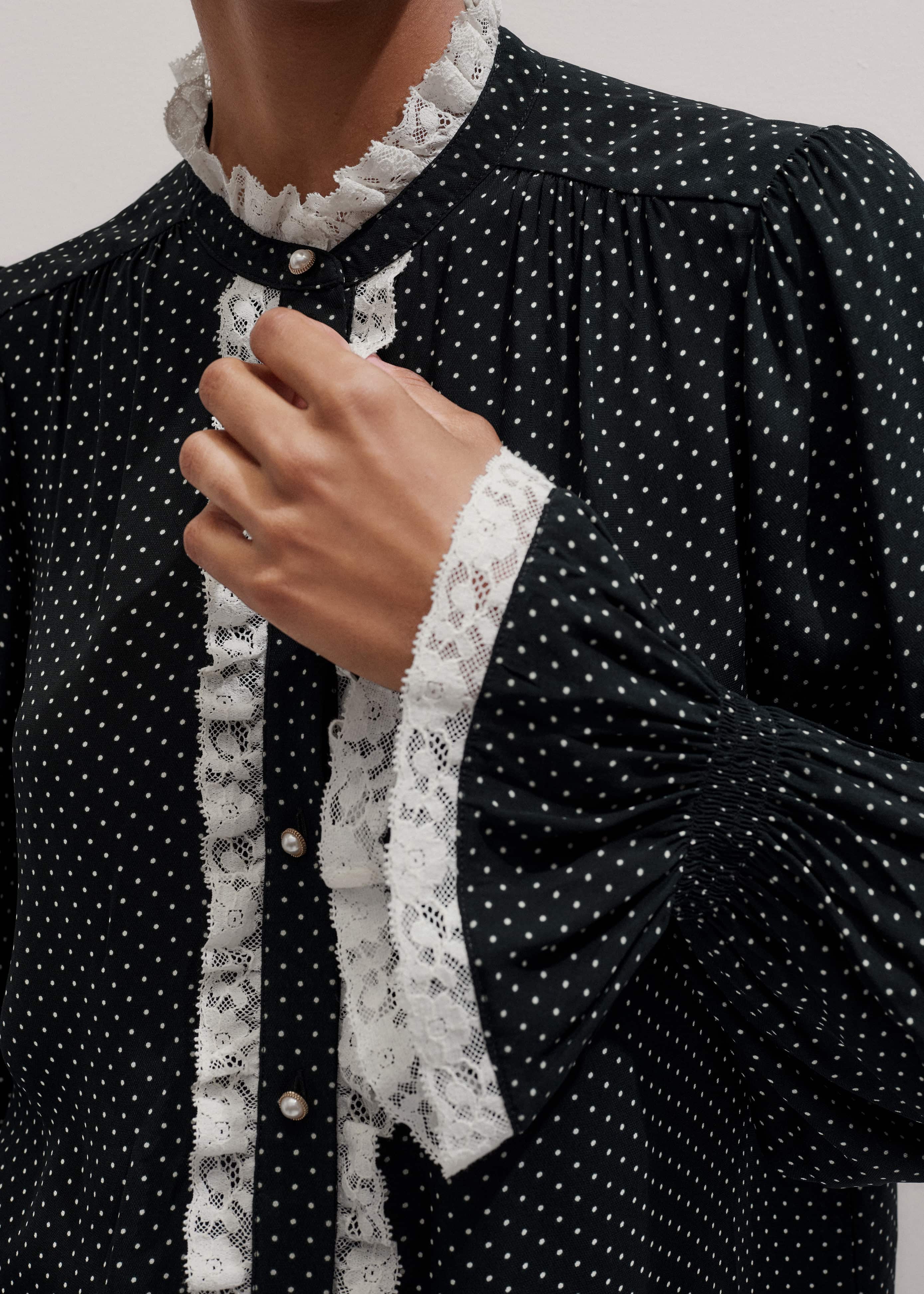 Black Micro Polka Dot And Lace Blouse meandem