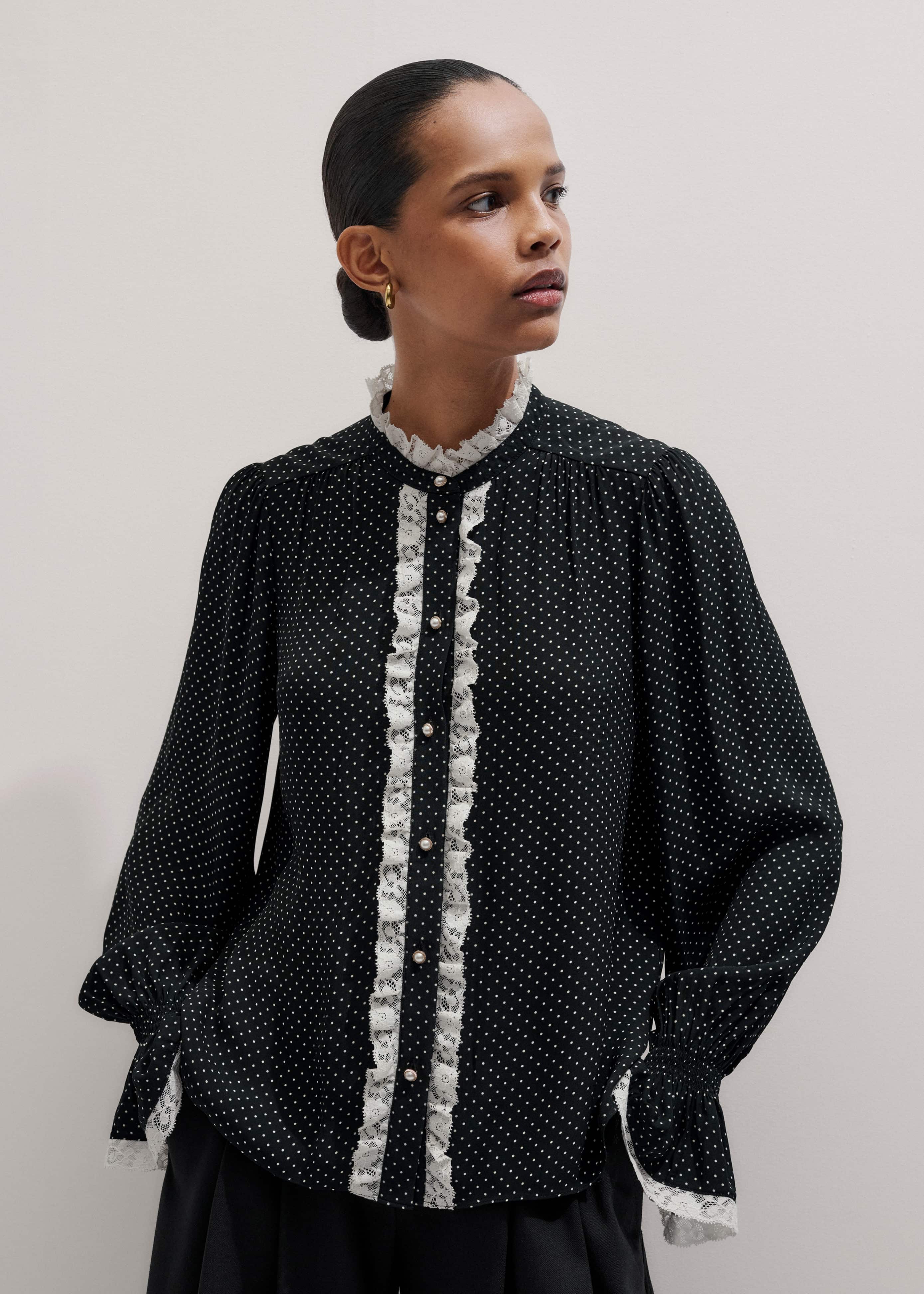 Black Micro Polka Dot And Lace Blouse meandem