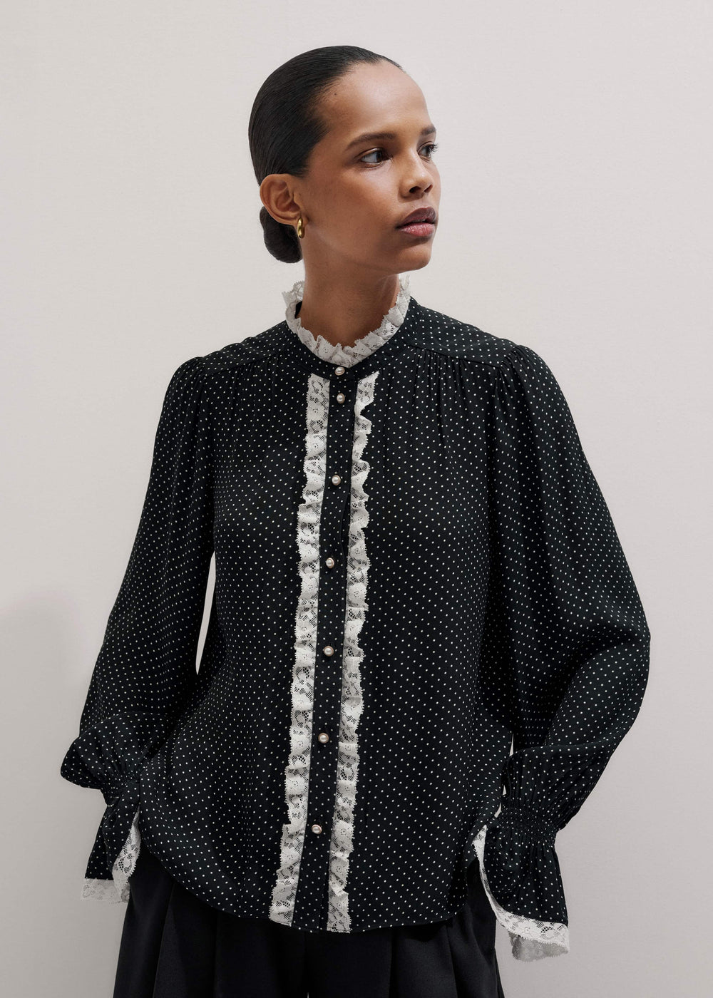 Black Micro Polka Dot And Lace Blouse meandem