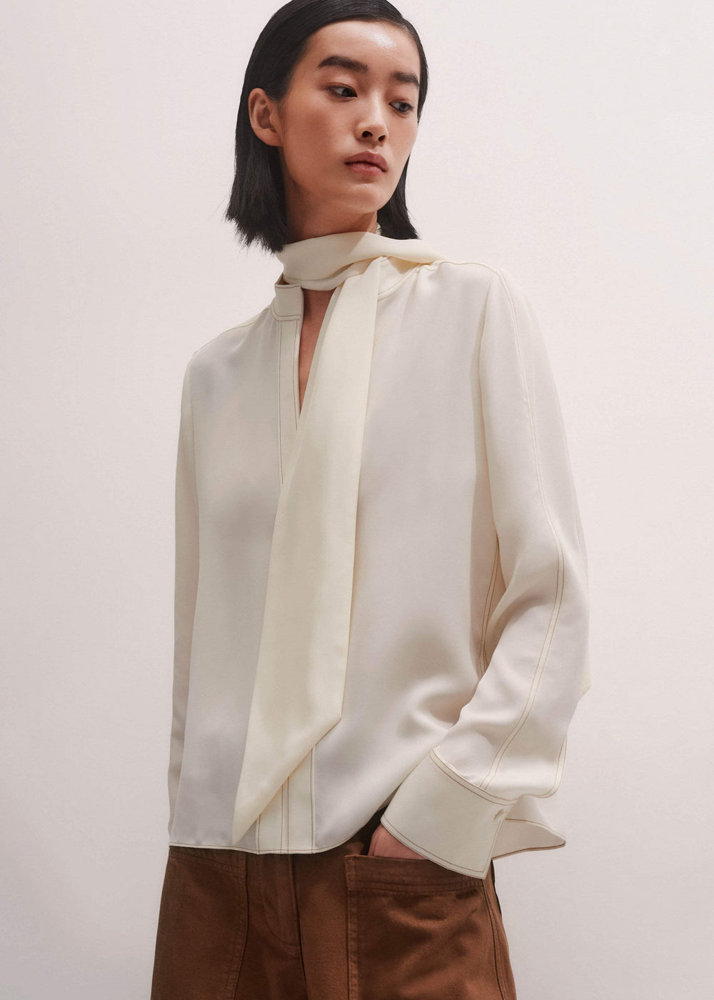 Cream High Neck Blouse + Tie meandem
