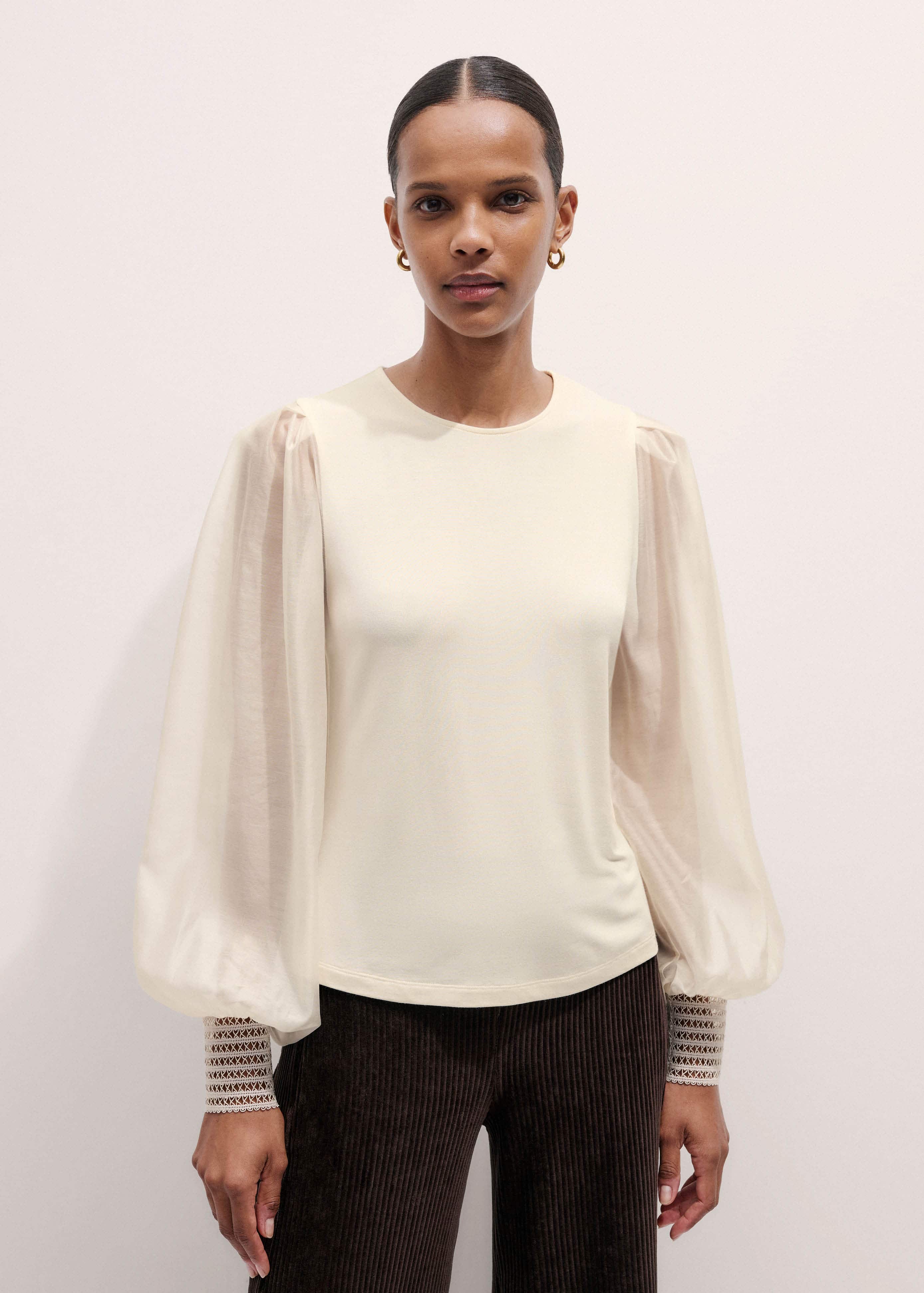 Cream Sheer Mixed Media Layering Blouse meandem