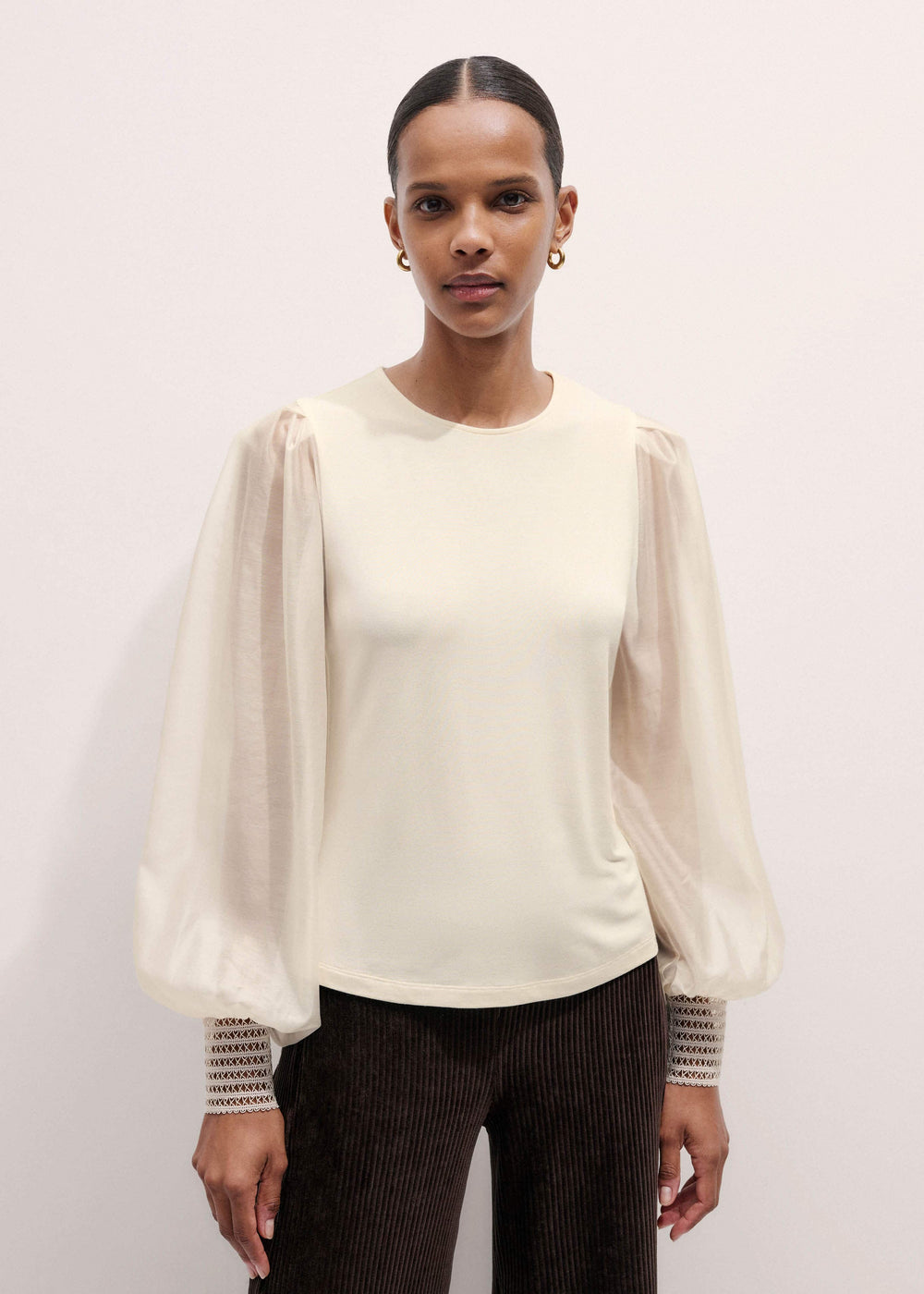 Cream Sheer Mixed Media Layering Blouse meandem