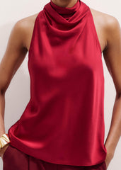 Red Silk Satin Halterneck Sleeveless Top meandem