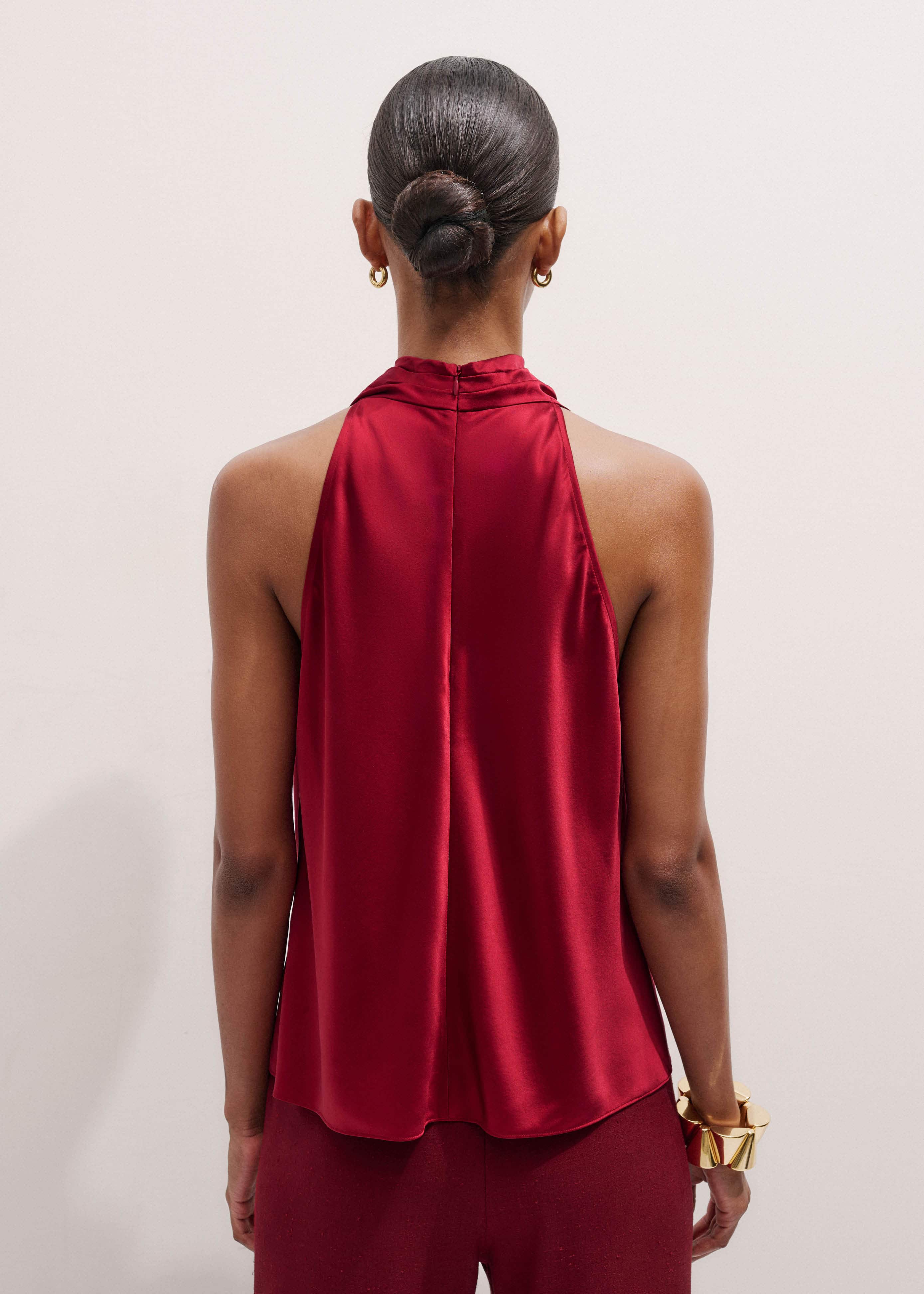 Red Silk Satin Halterneck Sleeveless Top meandem