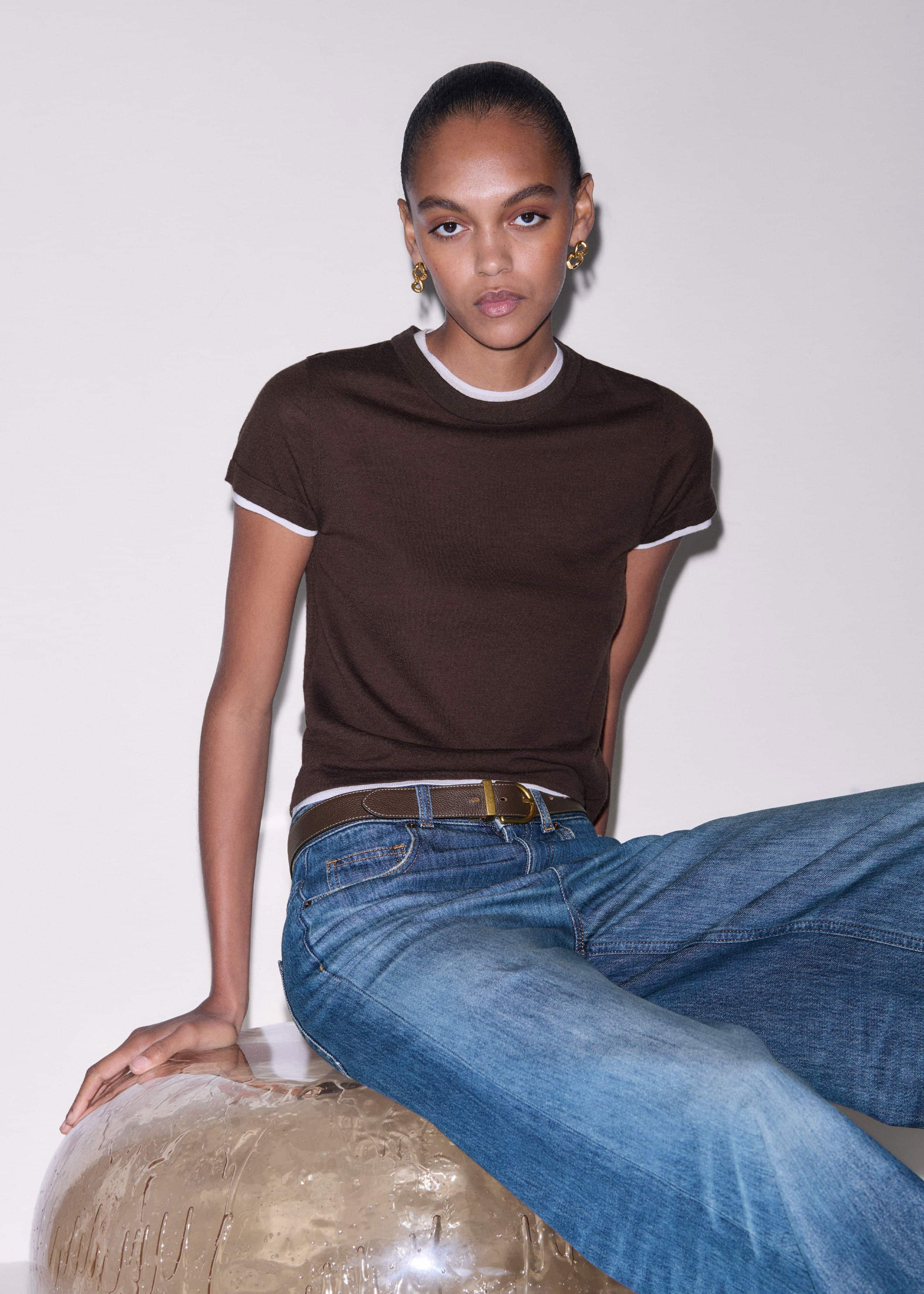 Brown Barely There Contrast Trim Knit Baby Tee meandem