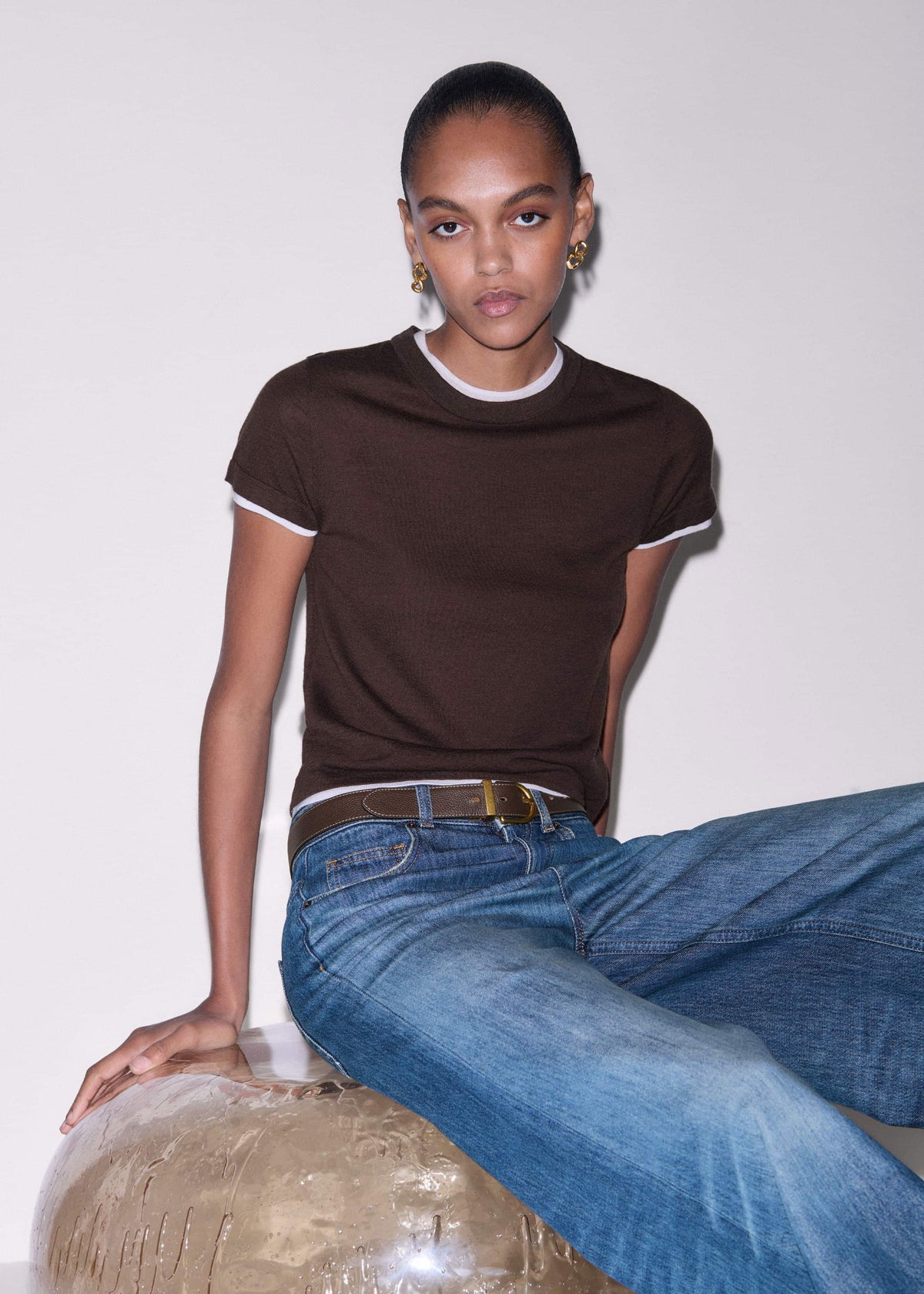 Brown Barely There Contrast Trim Knit Baby Tee meandem