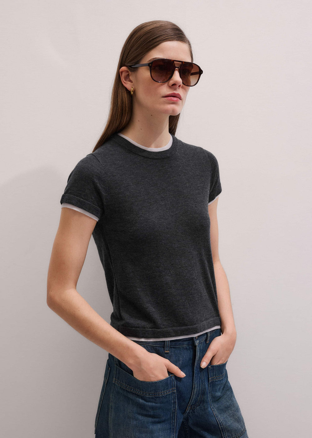 Grey Barely There Contrast Trim Knit Baby Tee meandem