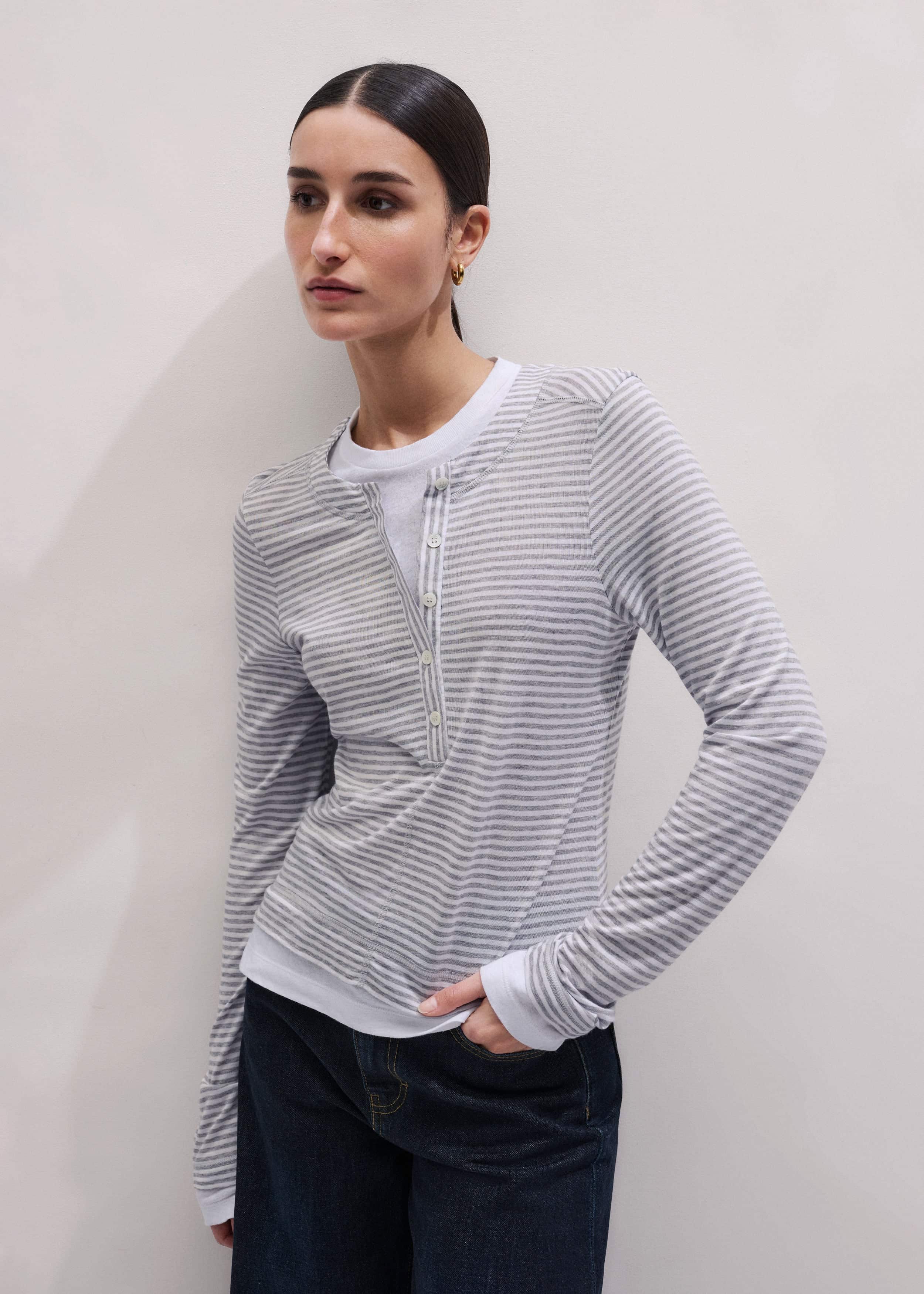 Gray Double-Layer Look Long Sleeve Top meandem