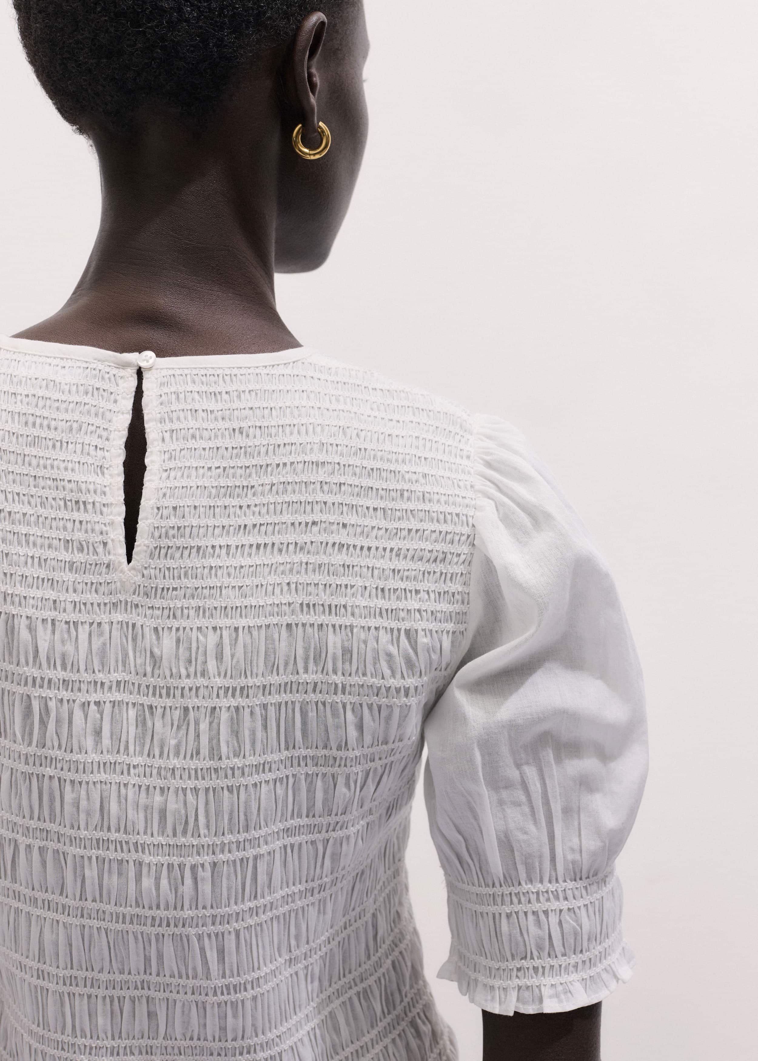 White Soft Cotton Contrast Stitch Smocked Day Top meandem
