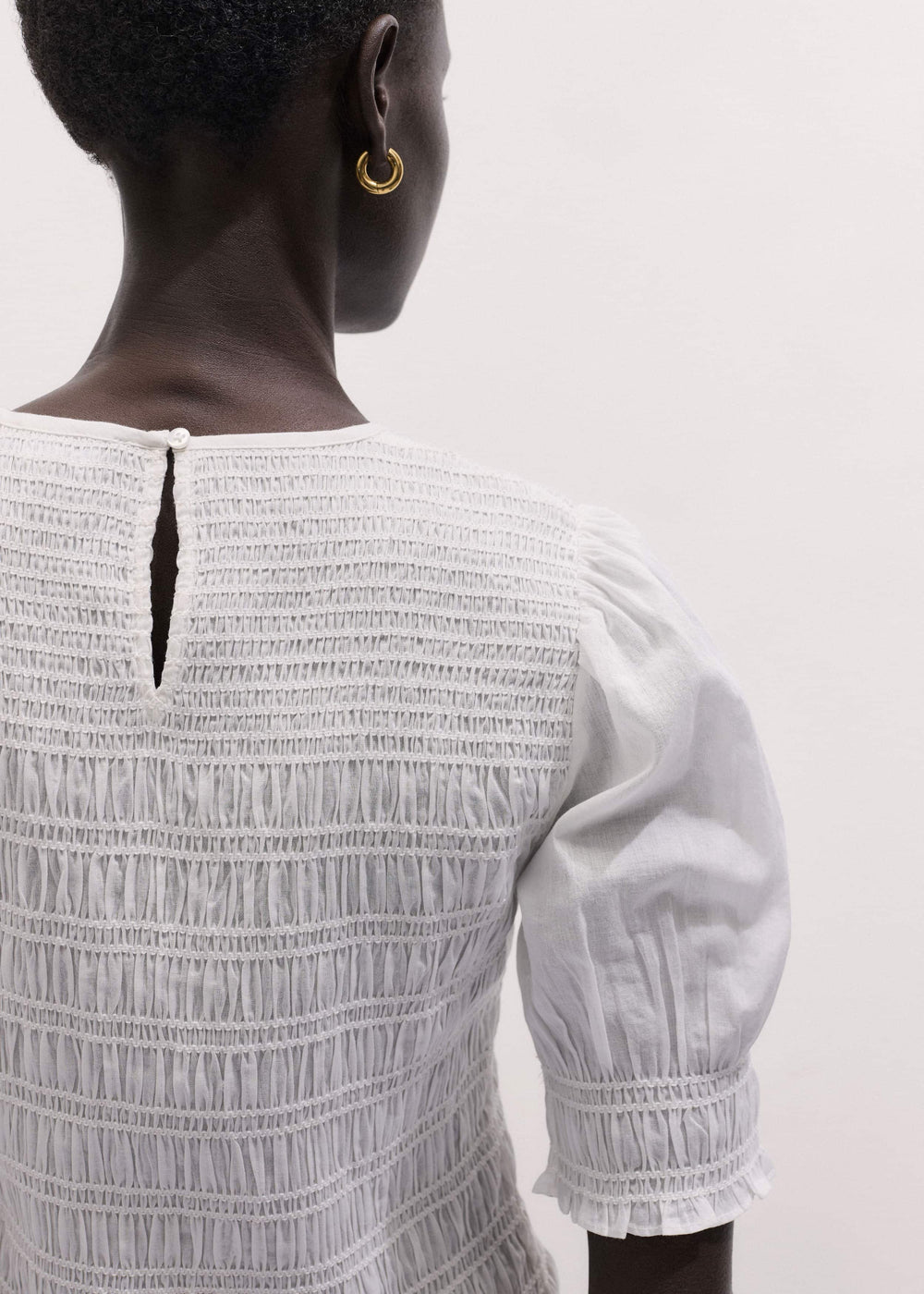 White Soft Cotton Contrast Stitch Smocked Day Top meandem