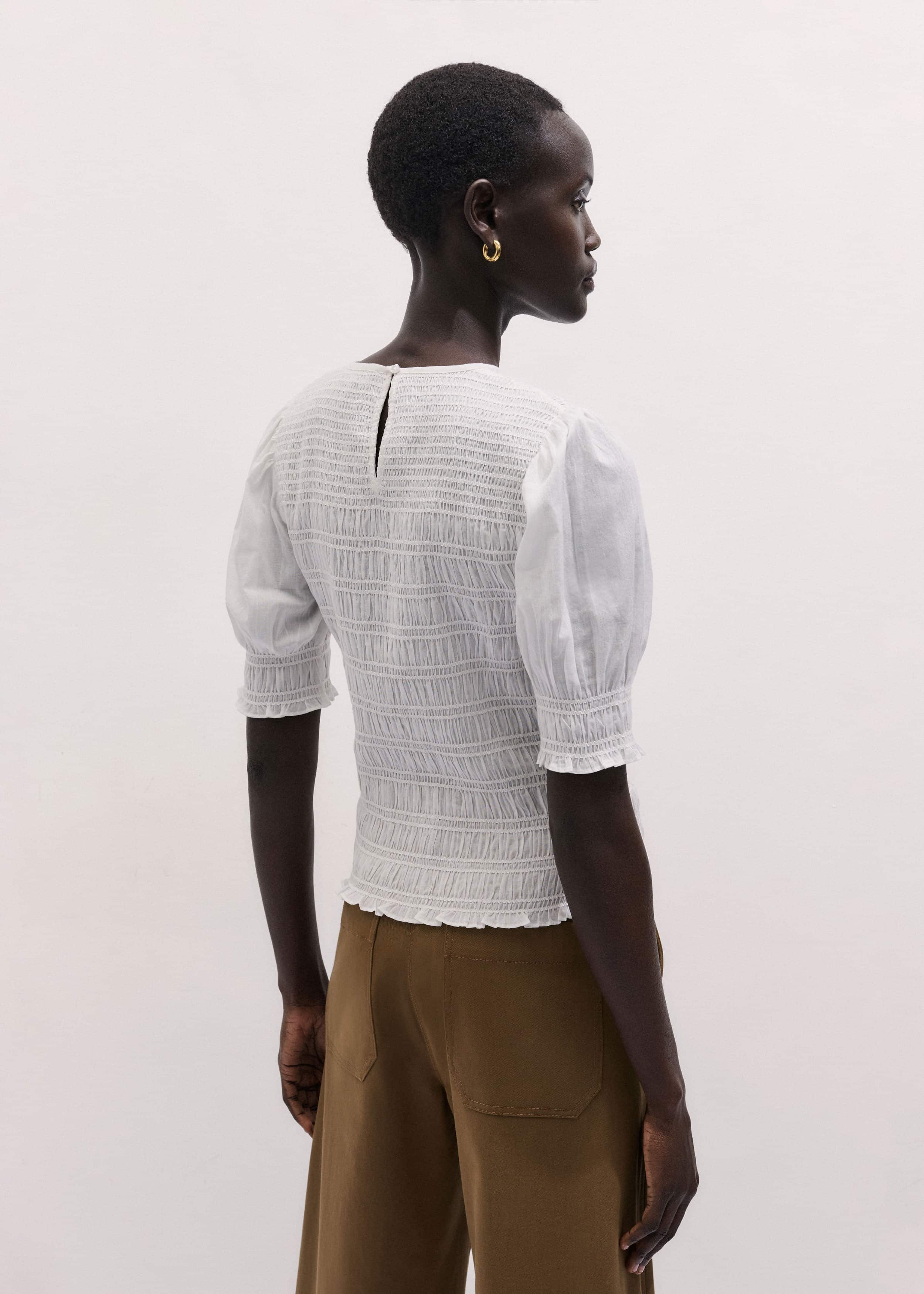 White Soft Cotton Contrast Stitch Smocked Day Top meandem