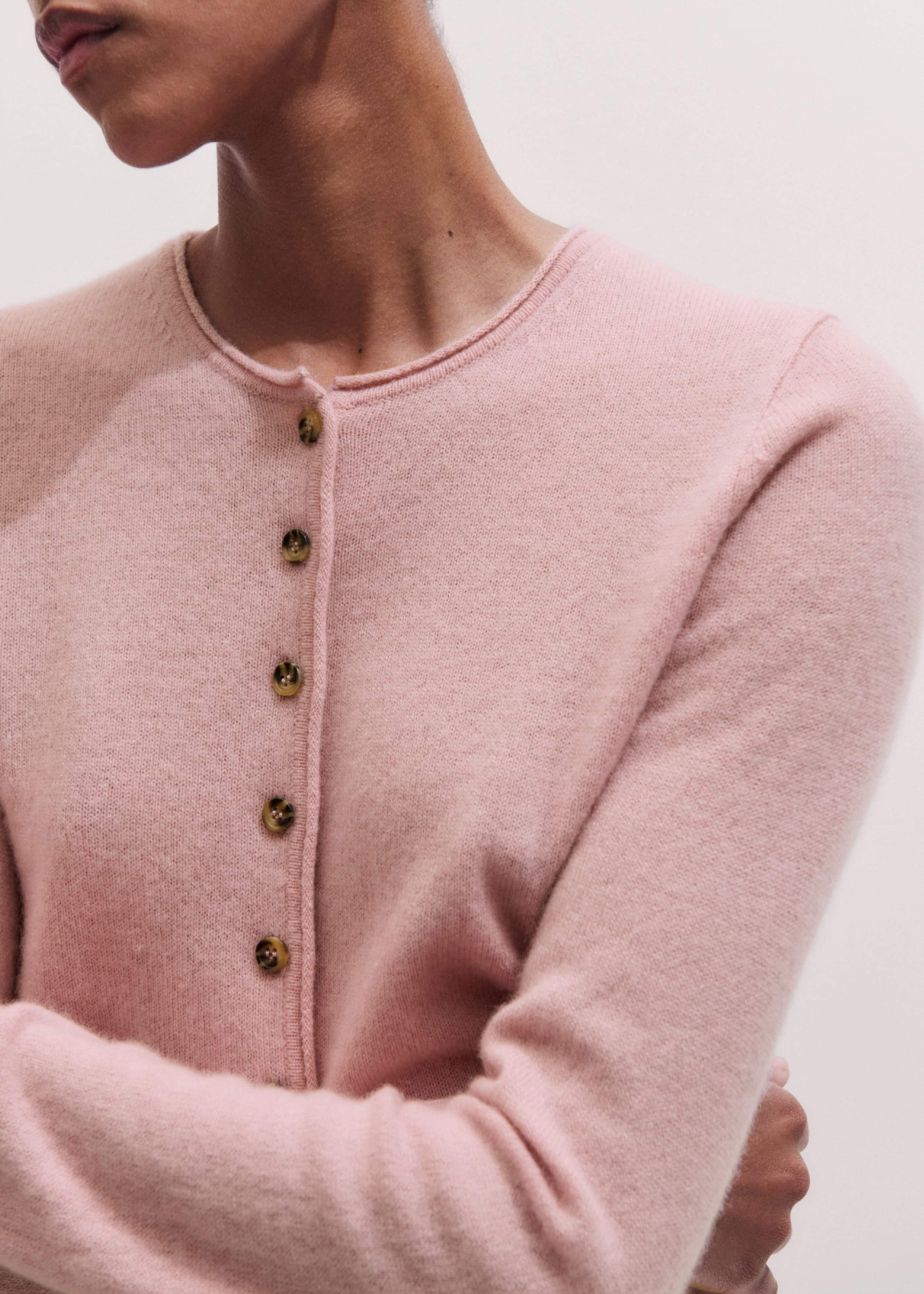 Pink Cashmere Roll Trim Straight Cardigan meandem