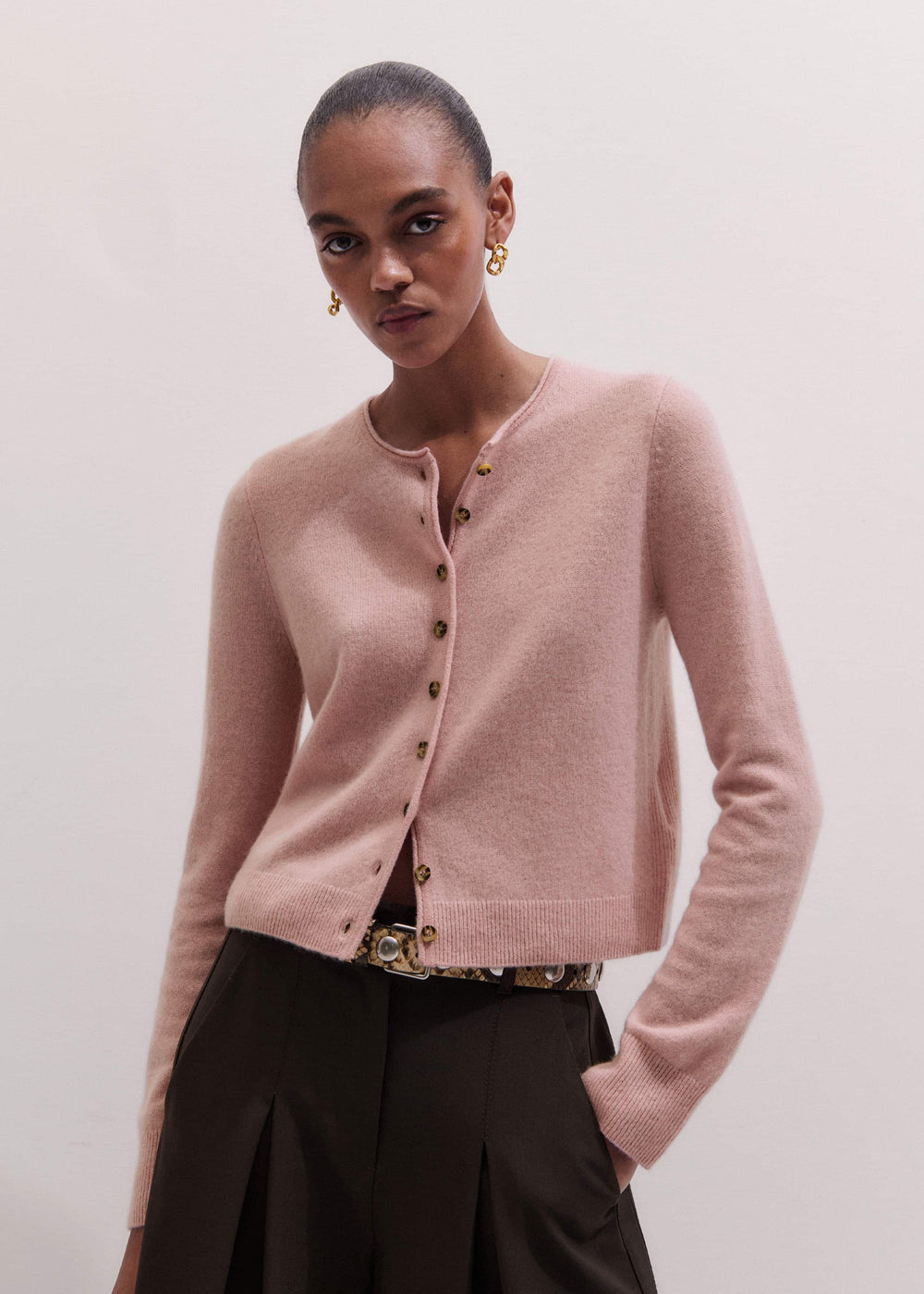 Pink Cashmere Roll Trim Straight Cardigan meandem