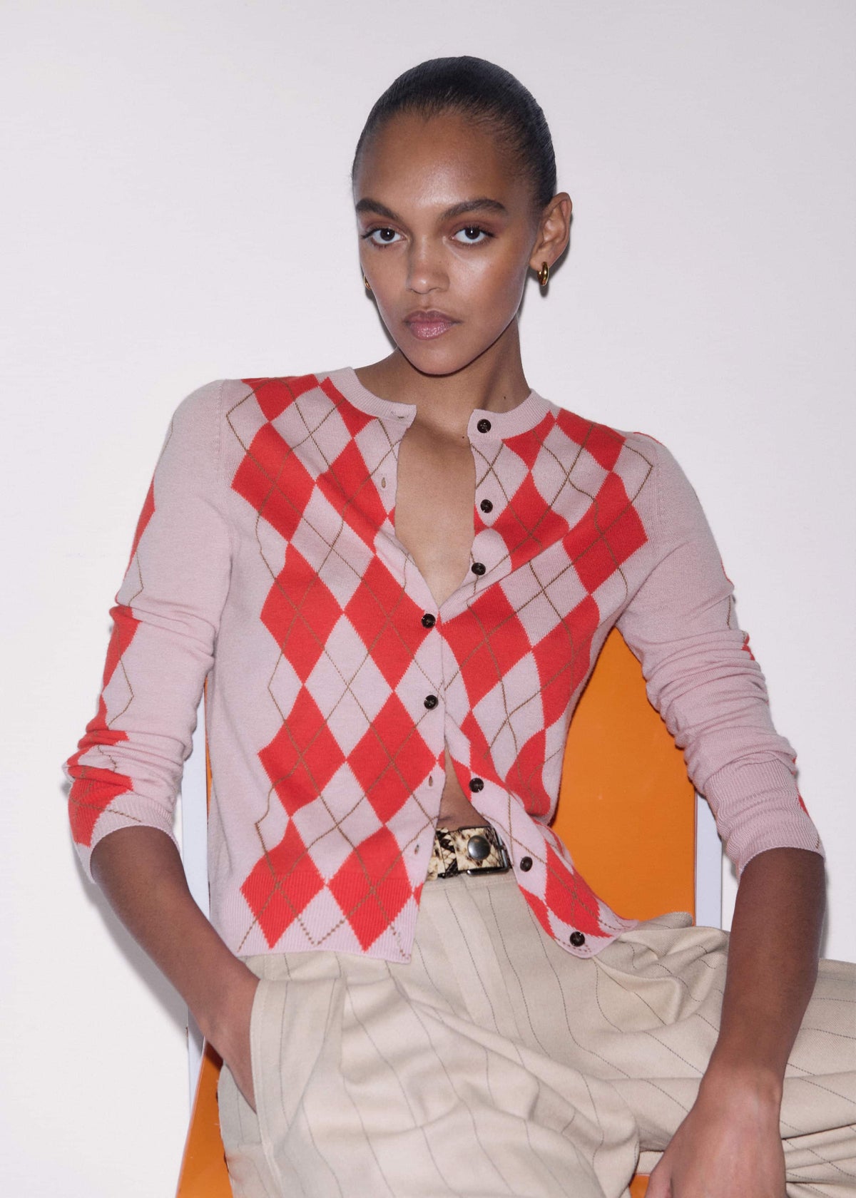 Pink Fine Argyle Slim Knit Cardigan meandem