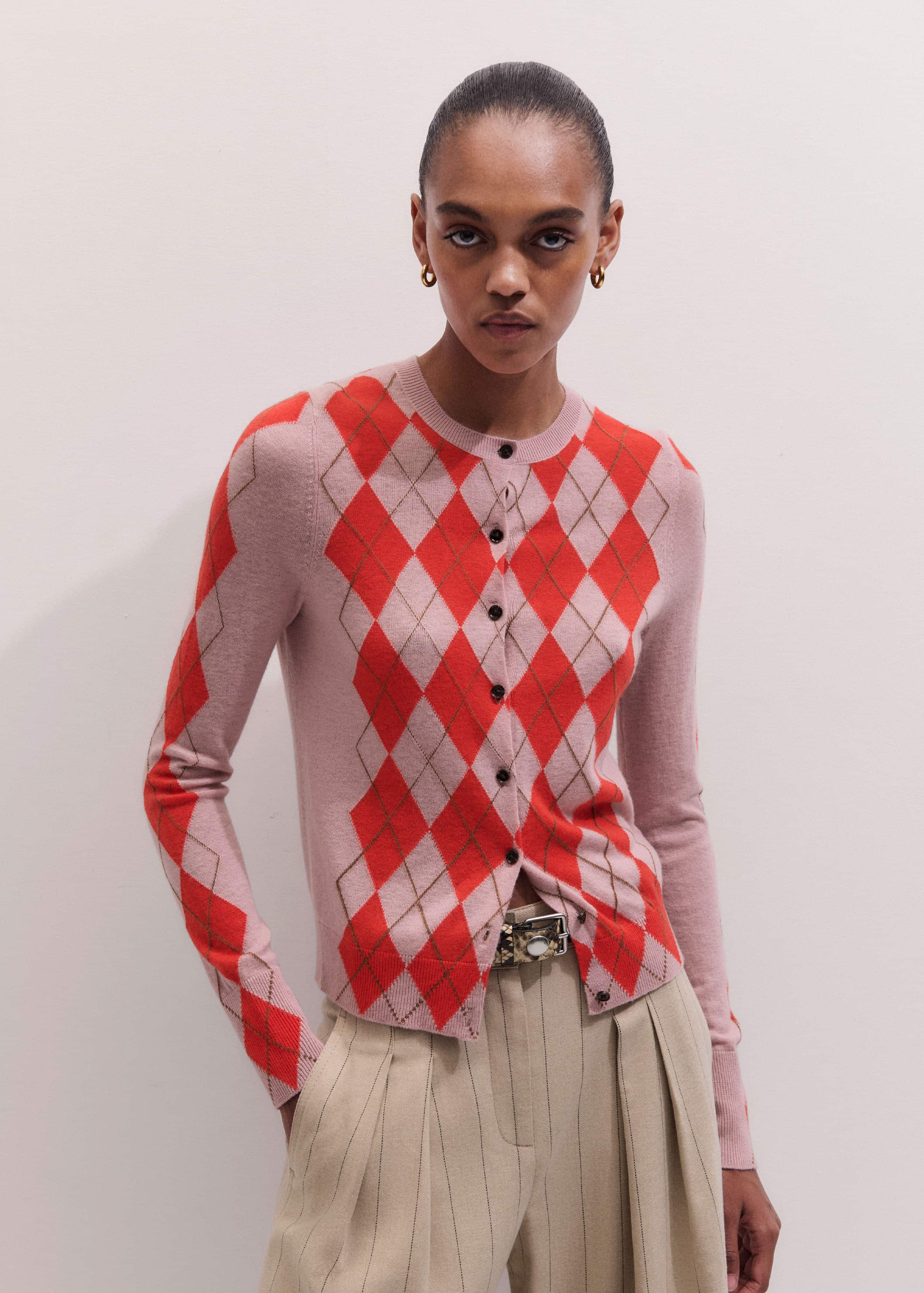 Pink Fine Argyle Slim Knit Cardigan meandem