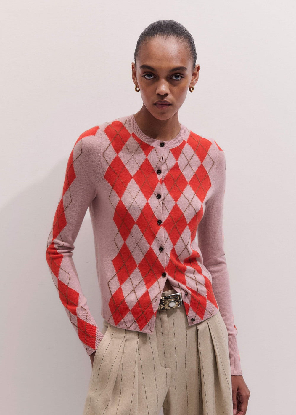 Pink Fine Argyle Slim Knit Cardigan meandem