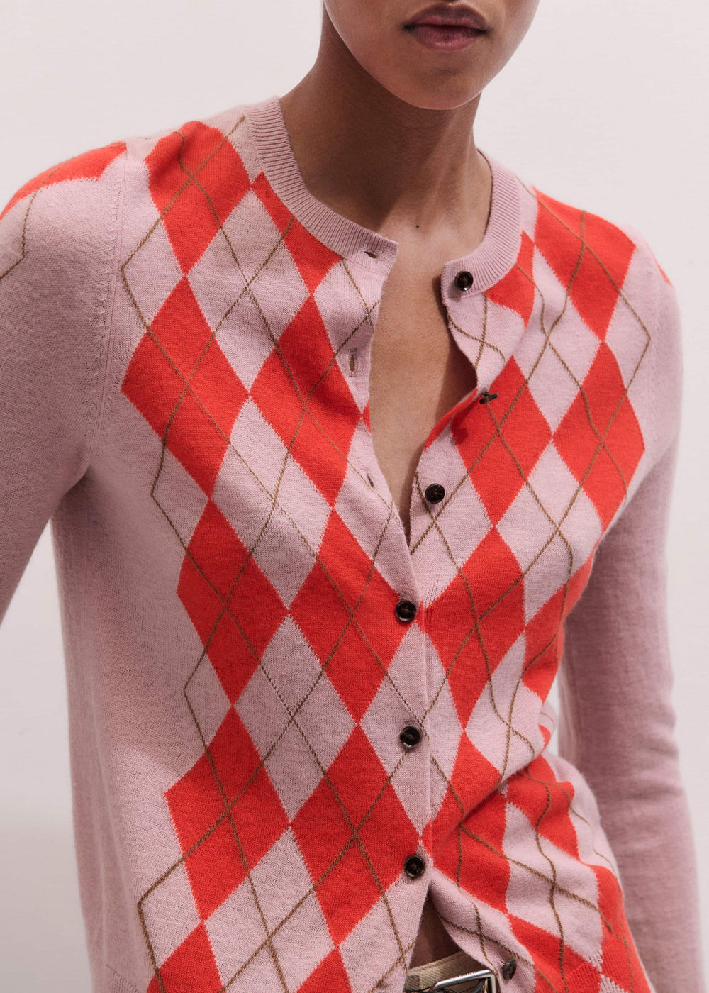 Pink Fine Argyle Slim Knit Cardigan meandem