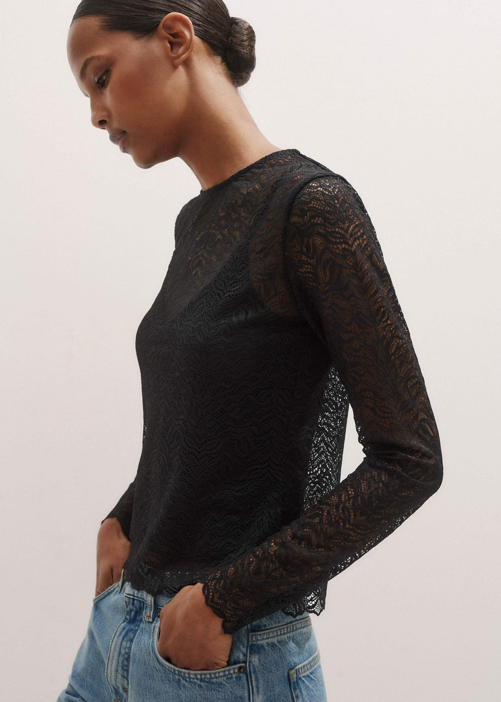 Black Lace Crew Neck Top meandem