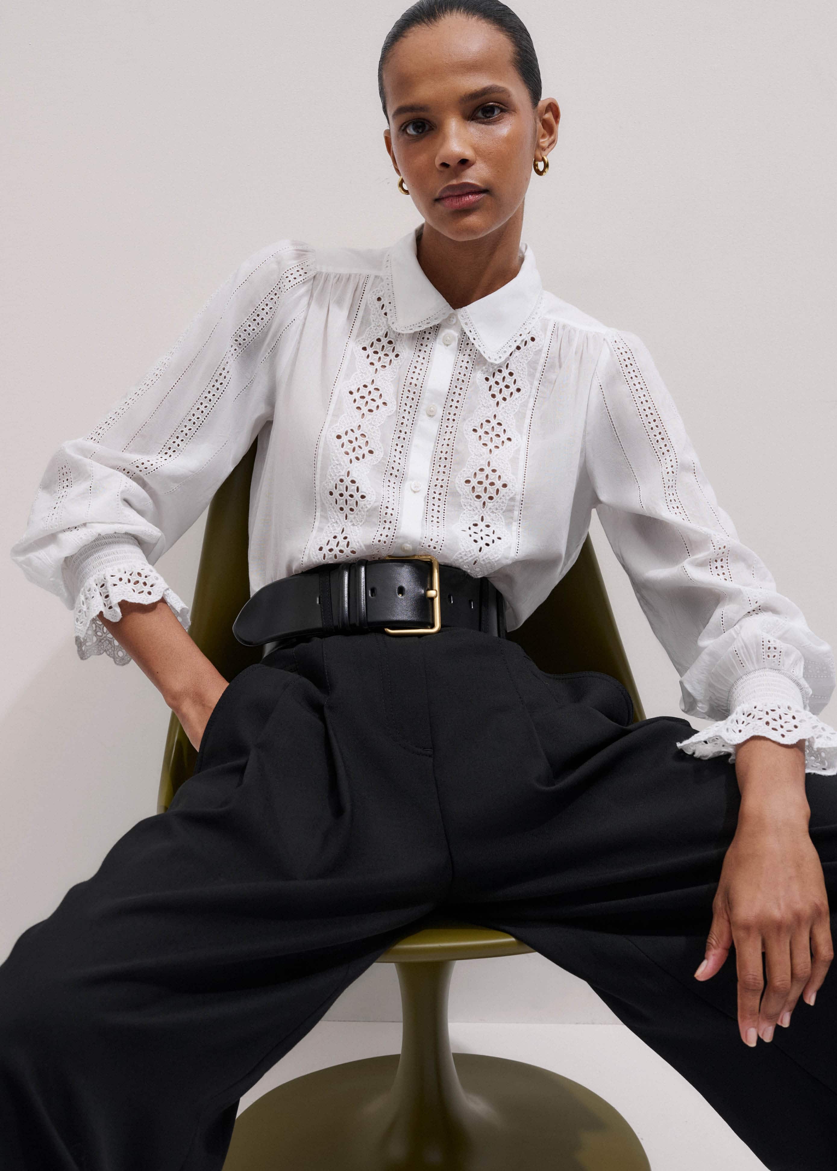 White Cotton Broderie Detail Straight Shirt meandem