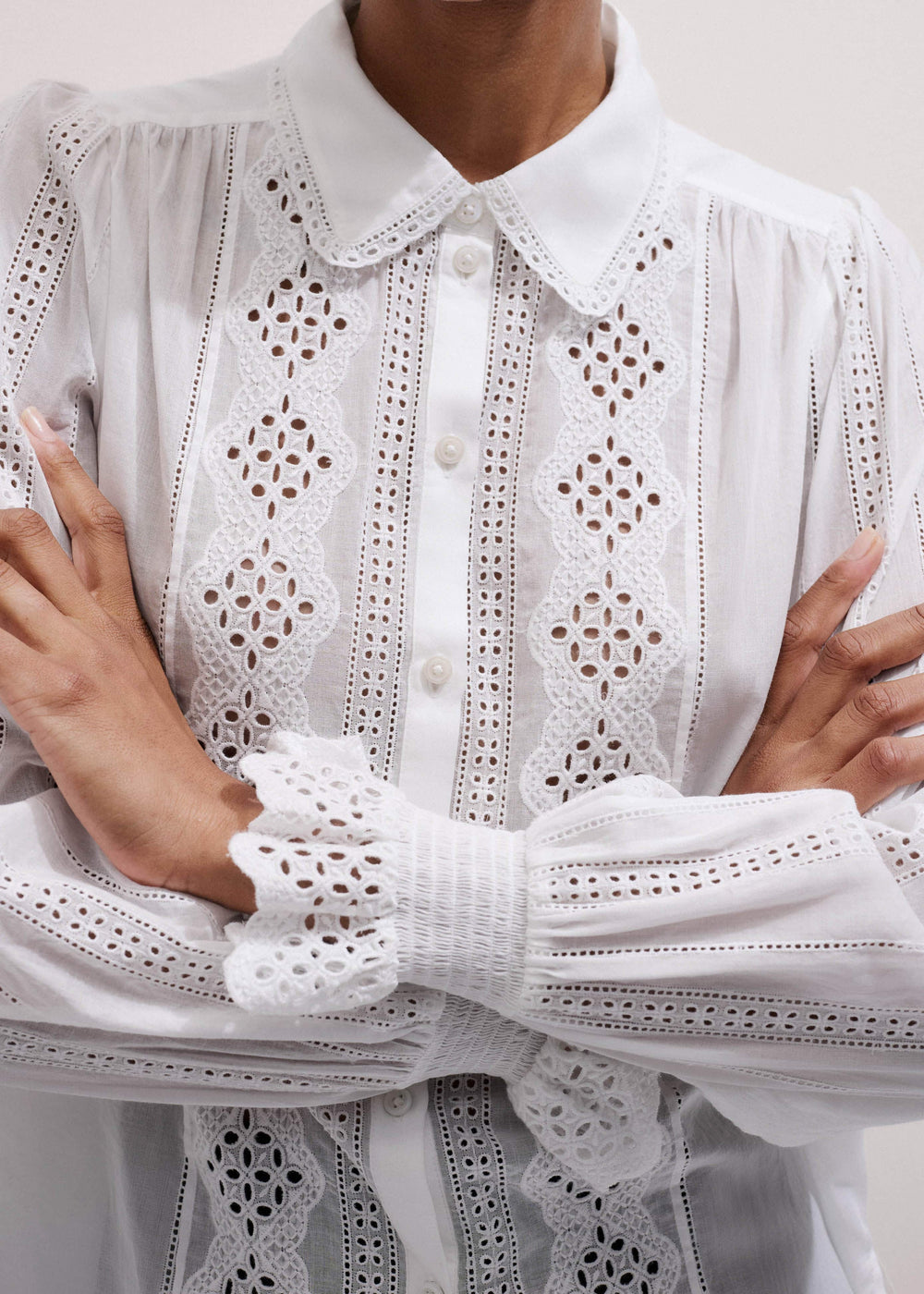 White Cotton Broderie Detail Straight Shirt meandem