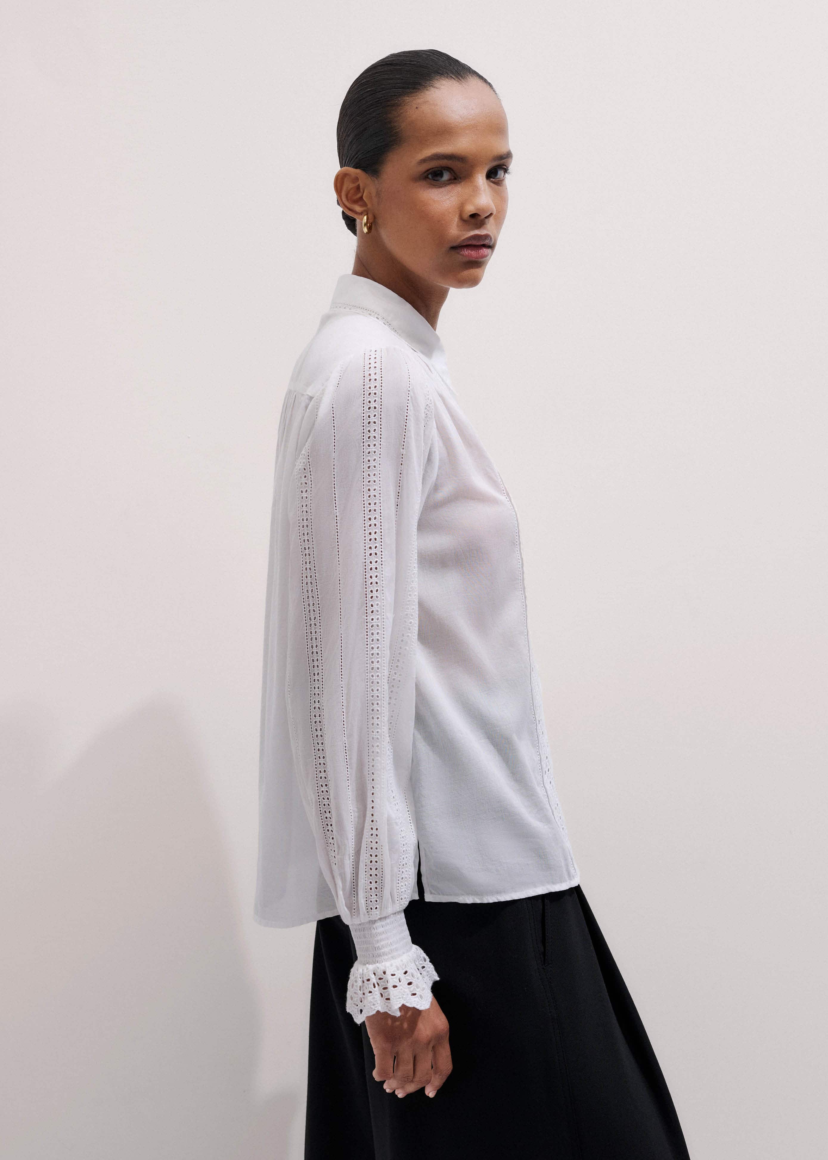White Cotton Broderie Detail Straight Shirt meandem