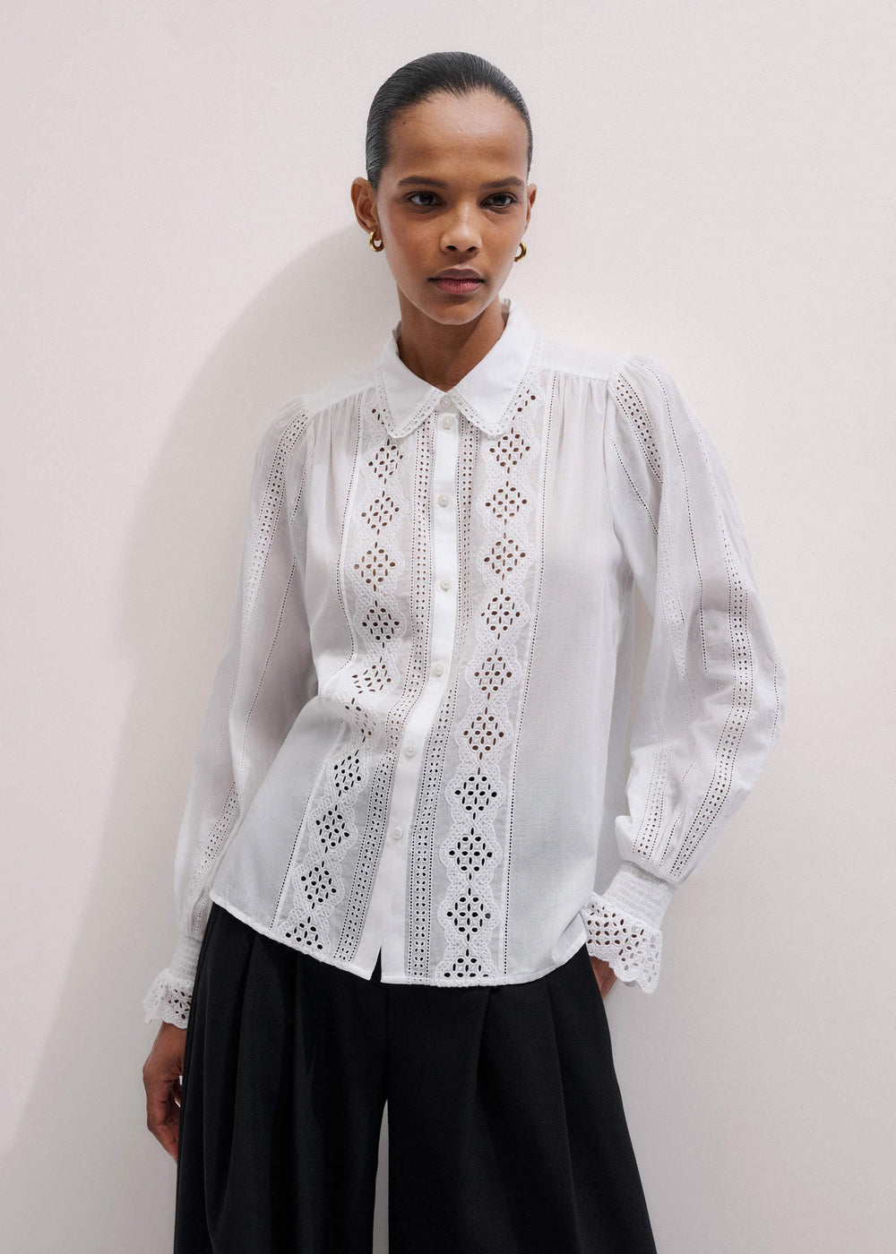 White Cotton Broderie Detail Straight Shirt meandem