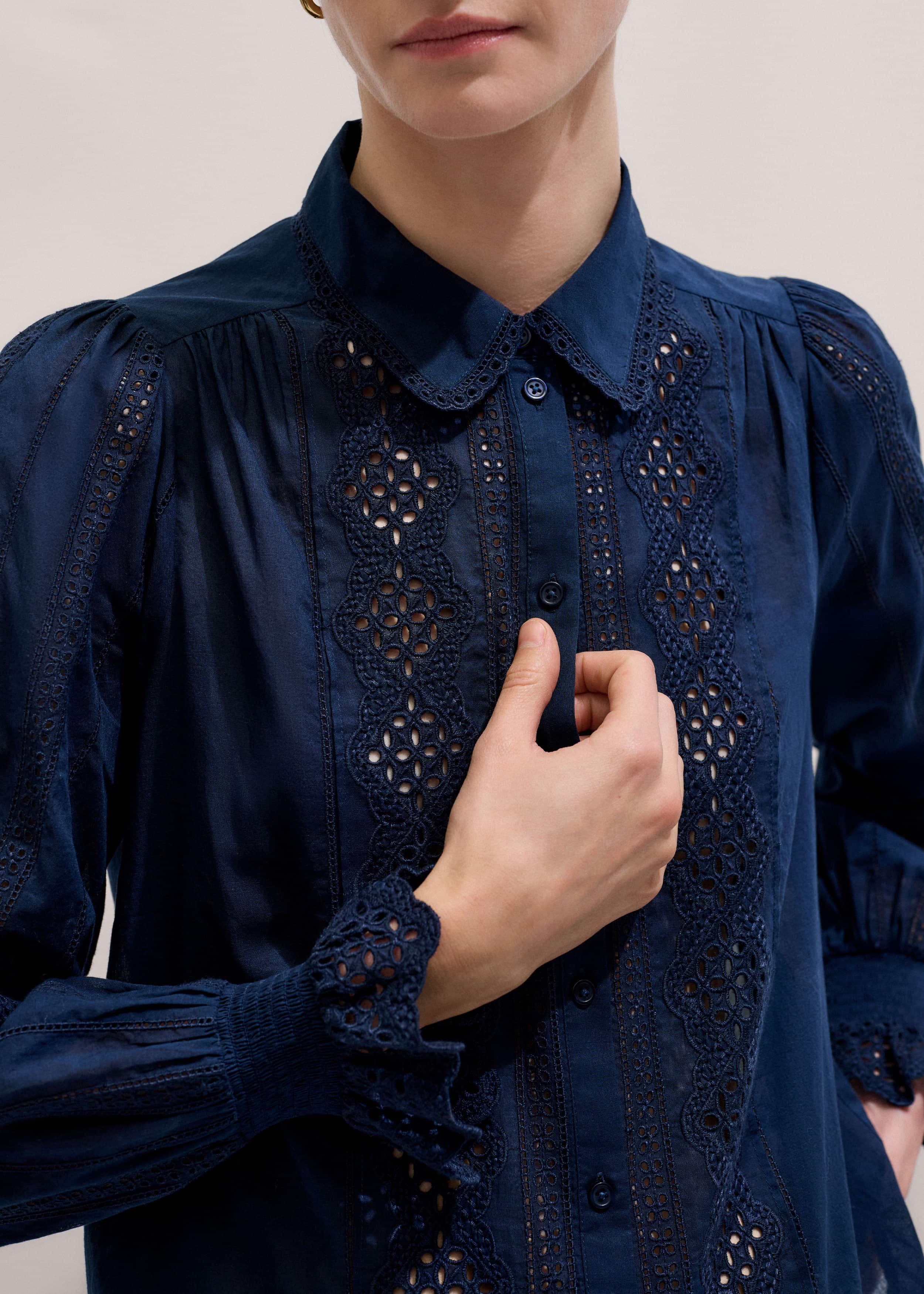 Navy Cotton Voile Broderie Detail Shirt meandem