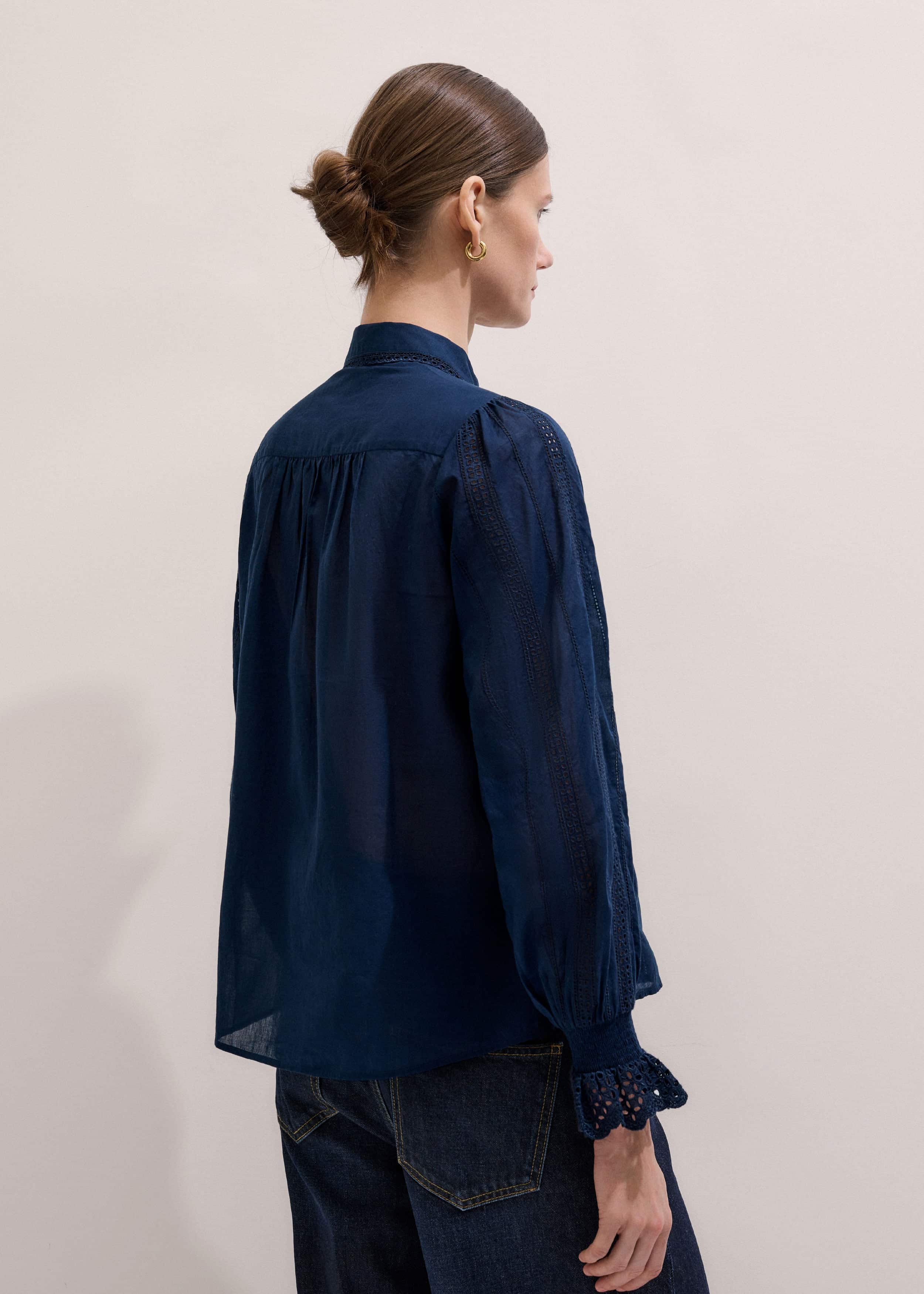 Navy Cotton Voile Broderie Detail Shirt meandem