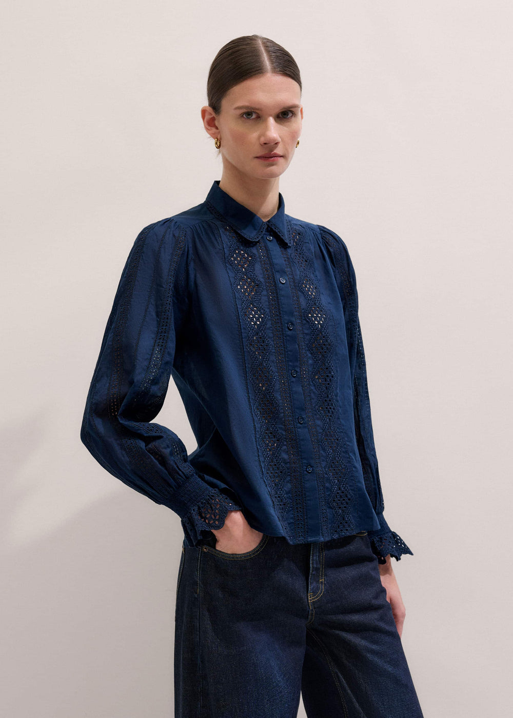 Navy Cotton Voile Broderie Detail Shirt meandem