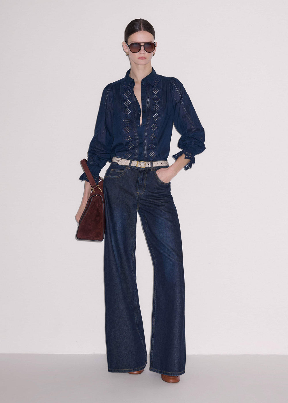 Navy Cotton Voile Broderie Detail Shirt meandem