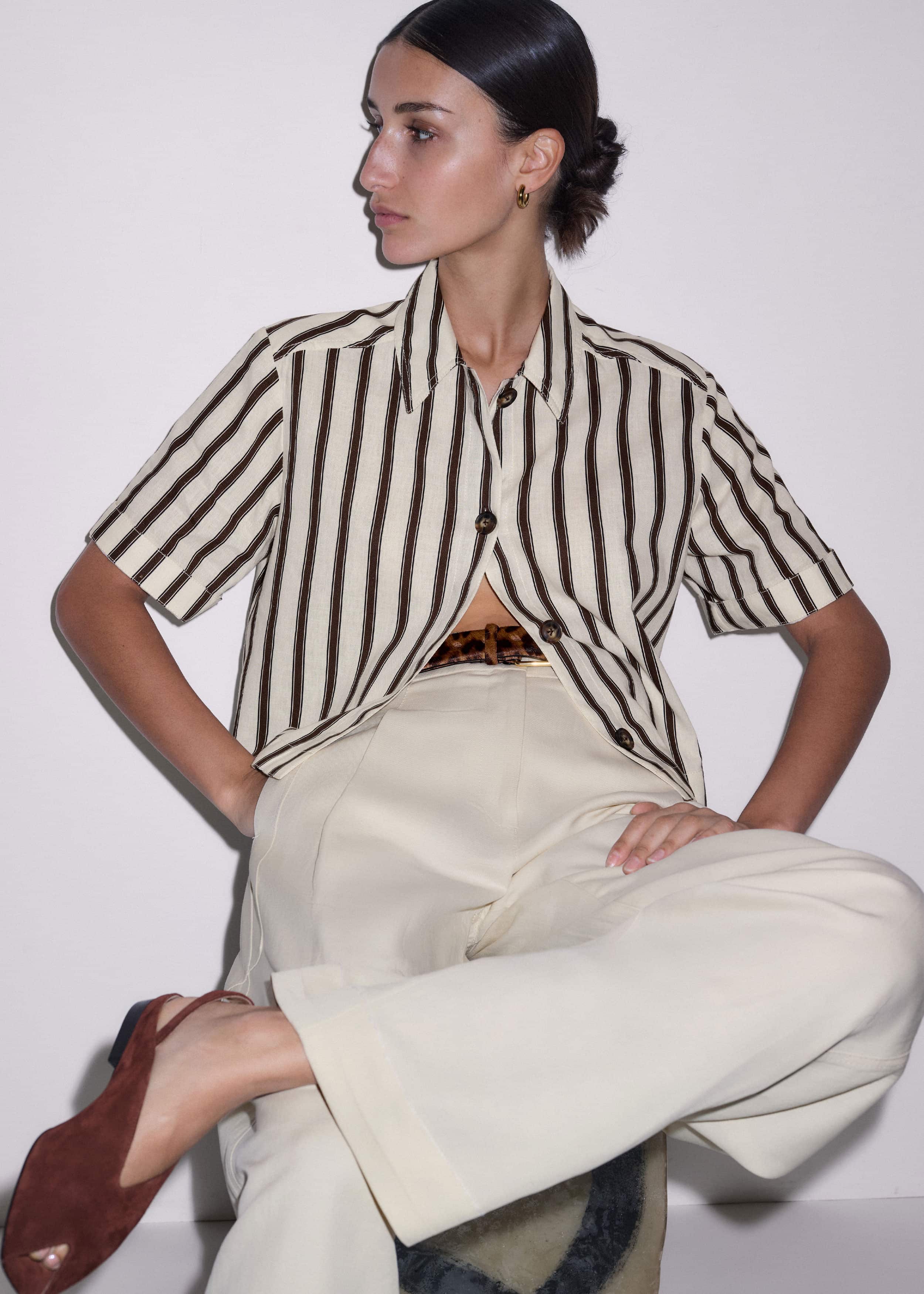 Cream Crease-Less Linen Spring Stripe Boxy Cropped Shirt meandem