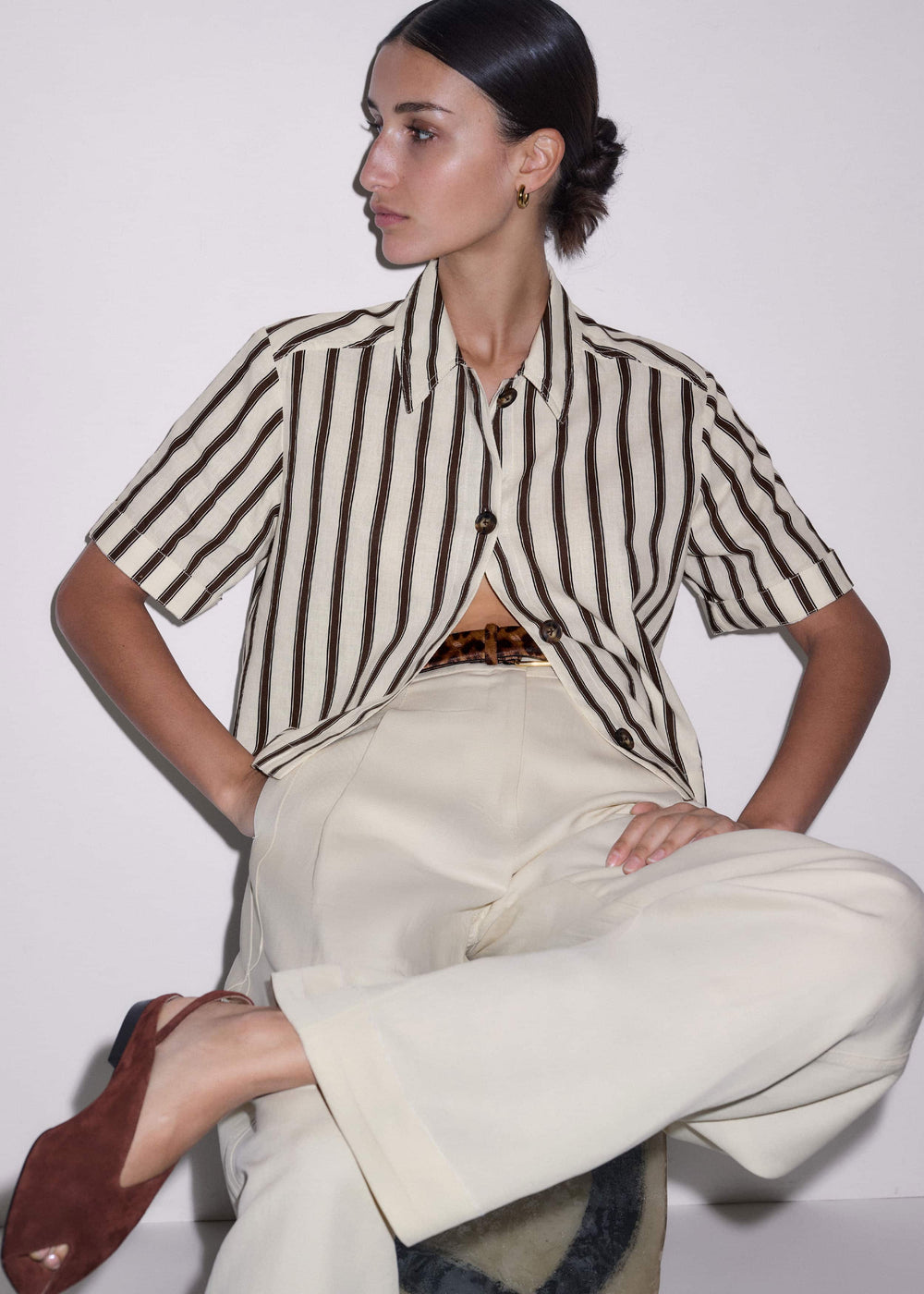 Cream Crease-Less Linen Spring Stripe Boxy Cropped Shirt meandem