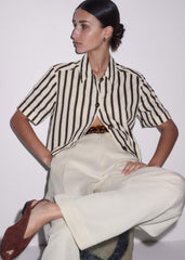 Cream Crease-Less Linen Spring Stripe Boxy Cropped Shirt meandem