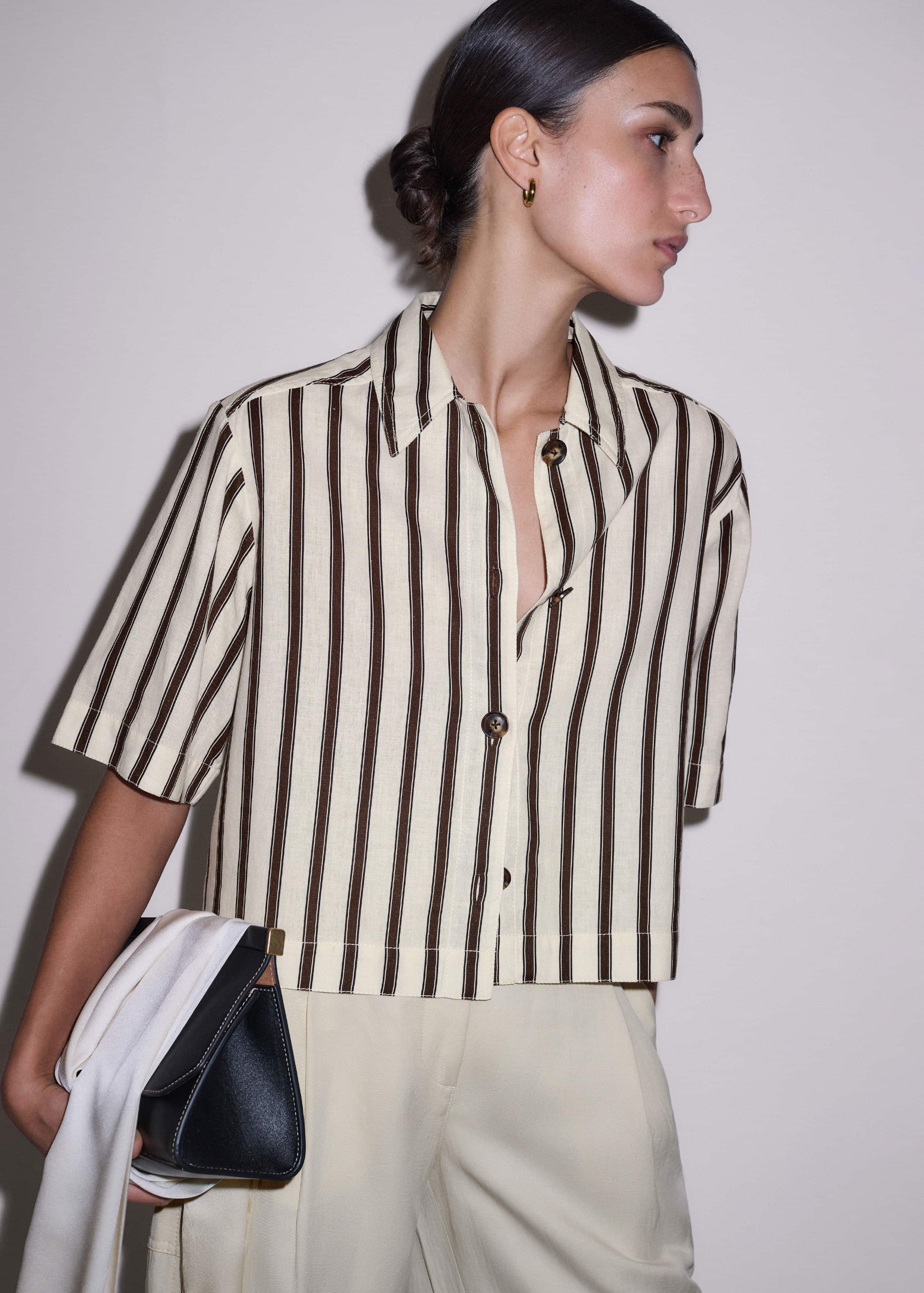 Cream Crease-Less Linen Spring Stripe Boxy Cropped Shirt meandem