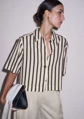 Cream Crease-Less Linen Spring Stripe Boxy Cropped Shirt meandem