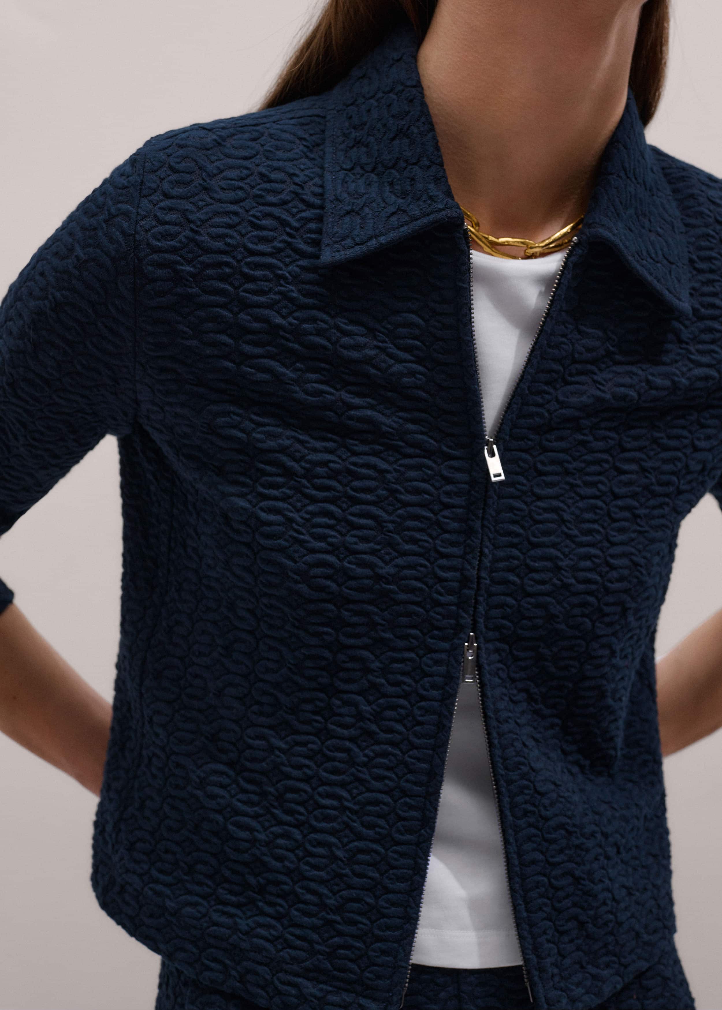 Navy Curling Crosses Jacquard Textured Zip Top meandem