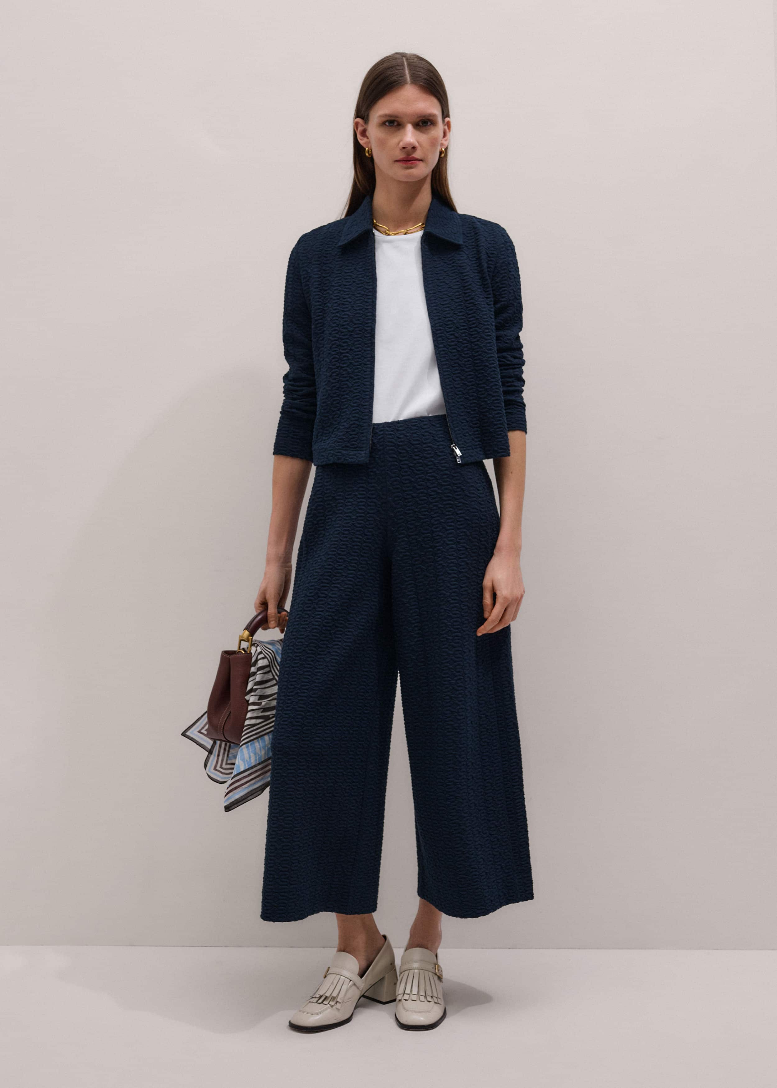 Navy Curling Crosses Jacquard Textured Zip Top meandem